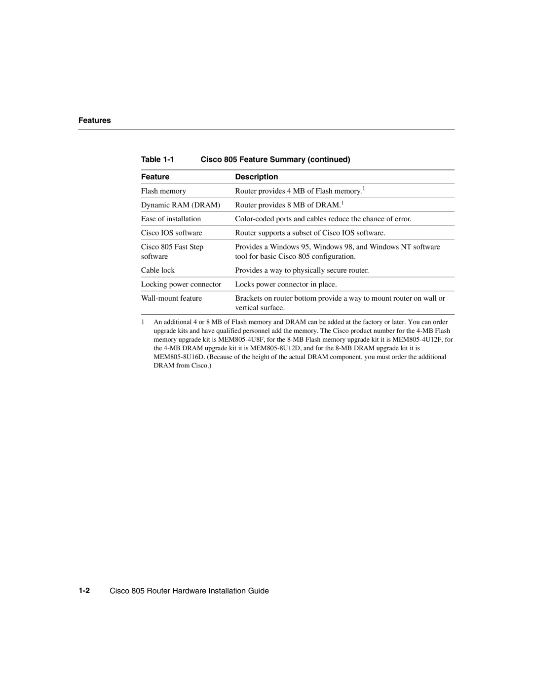 Cisco Systems manual Features Cisco 805 Feature Summary Description 