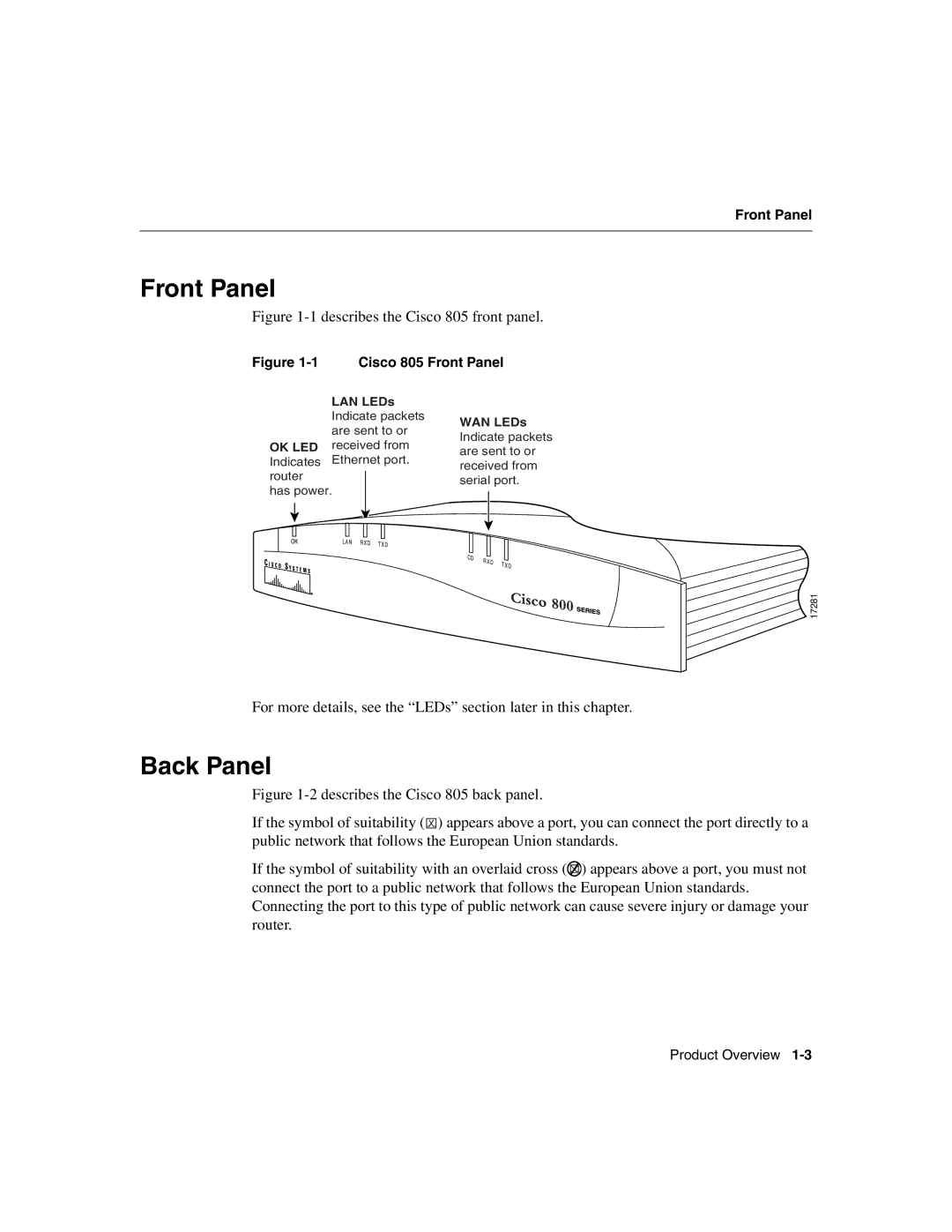 Cisco Systems 805 manual Front Panel, Back Panel 