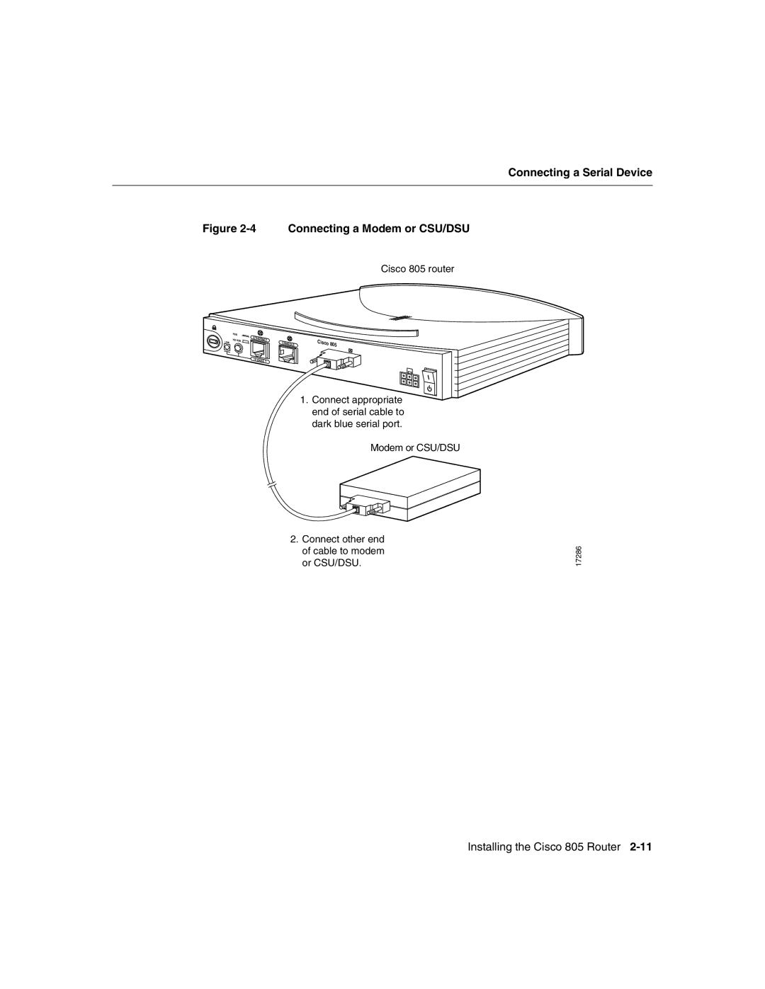 Cisco Systems 805 manual Connecting a Serial Device, Connecting a Modem or CSU/DSU 