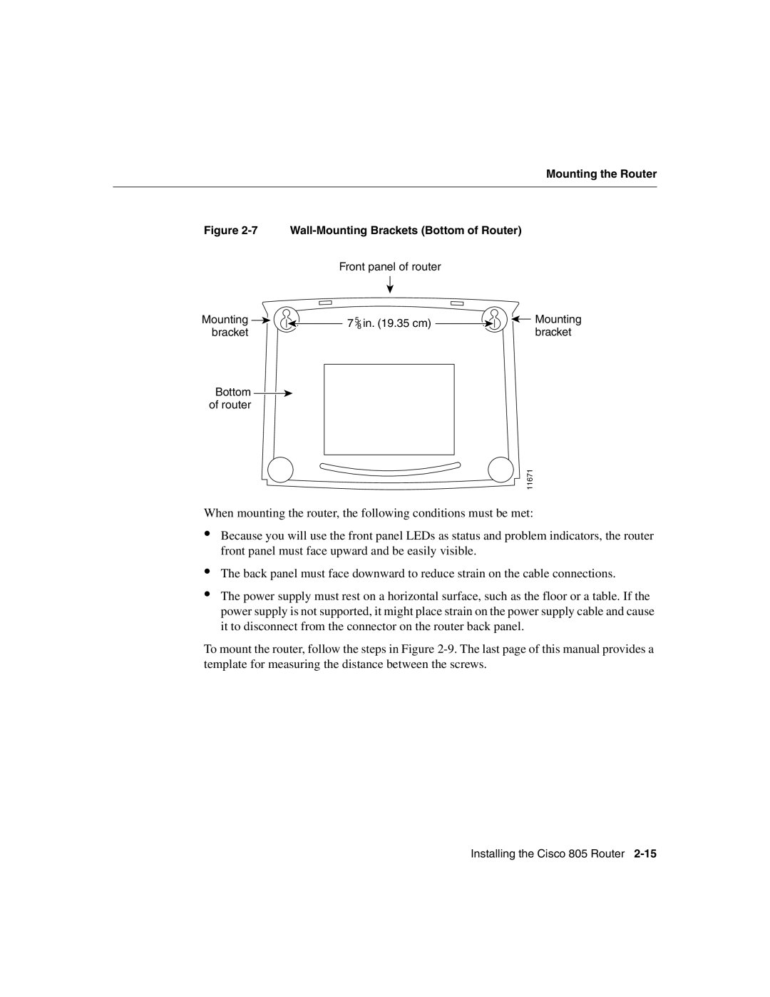 Cisco Systems 805 manual Mounting the Router, Wall-Mounting Brackets Bottom of Router 