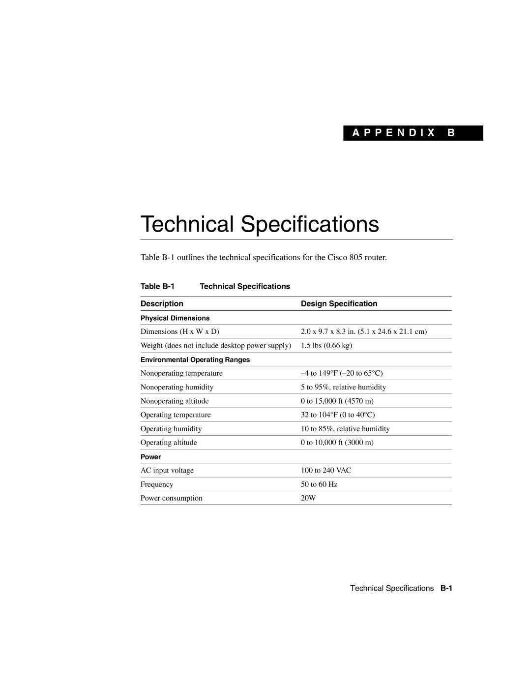 Cisco Systems 805 manual Technical Specifications 