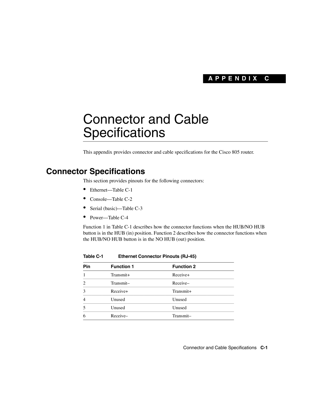 Cisco Systems 805 manual Connector and Cable Specifications, Connector Specifications 