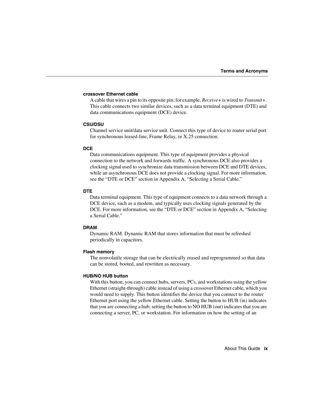 Cisco Systems 805 manual Terms and Acronyms Crossover Ethernet cable, Flash memory, HUB/NO HUB button 