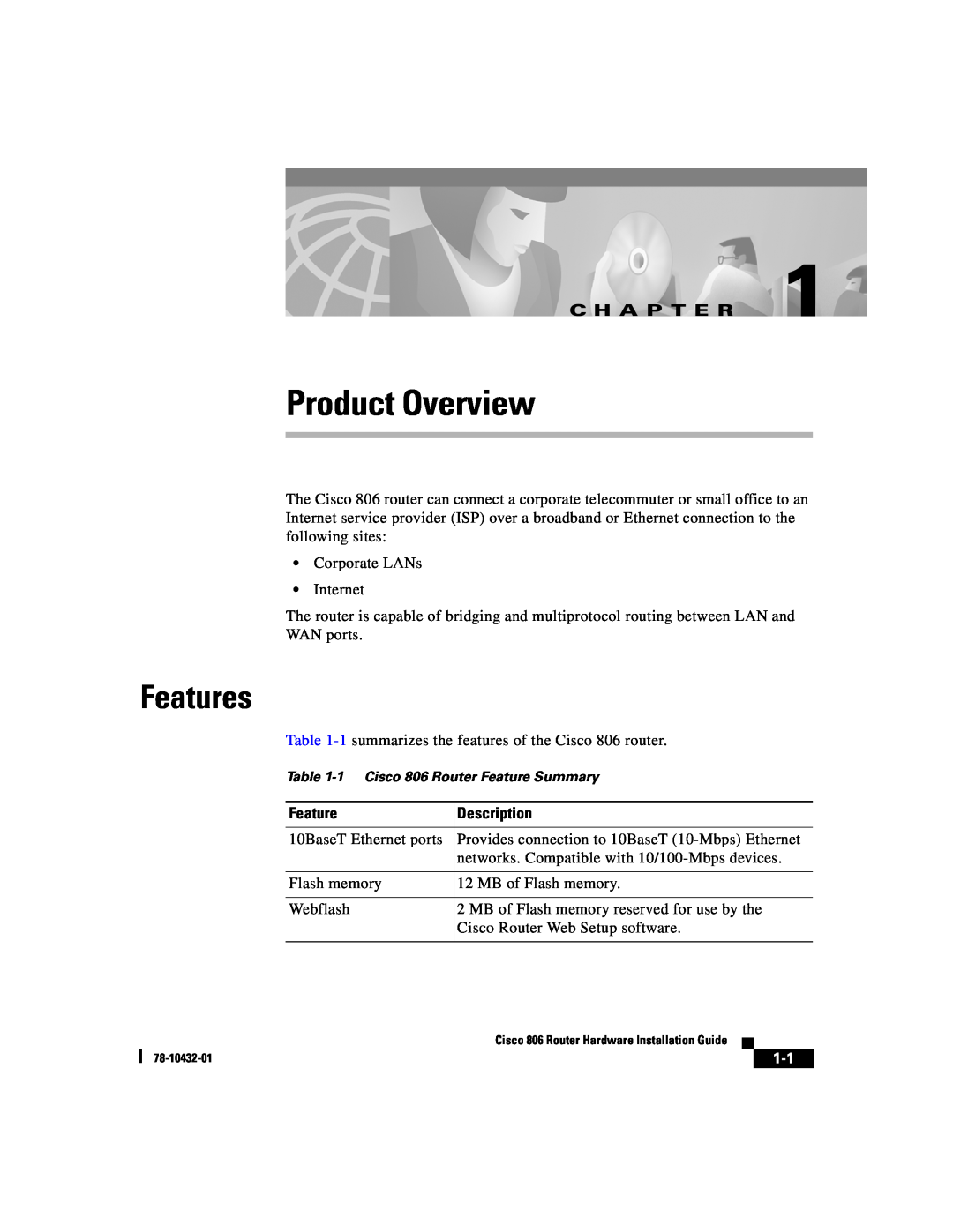 Cisco Systems 806 manual Product Overview, Features, C H A P T E R 