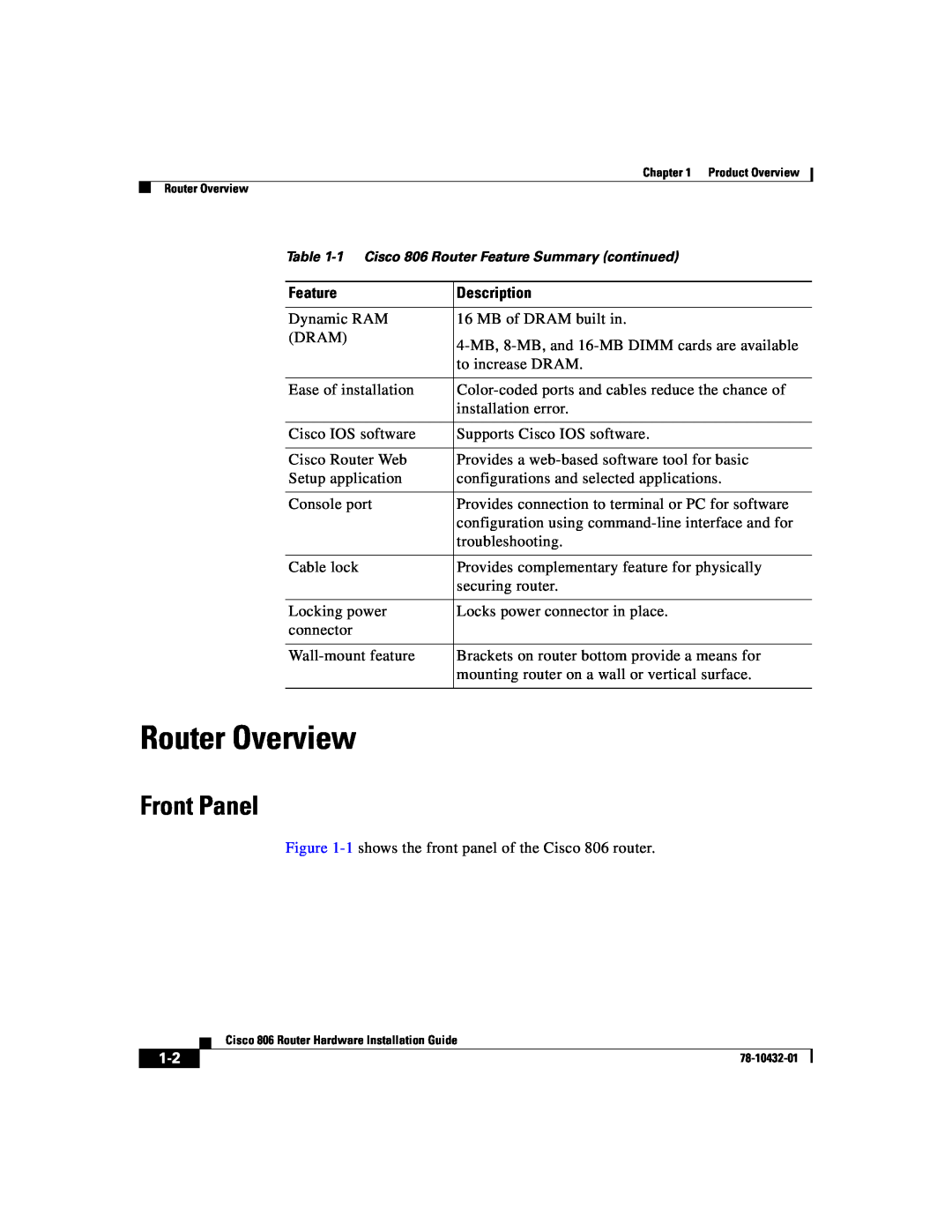 Cisco Systems 806 manual Router Overview, Front Panel 