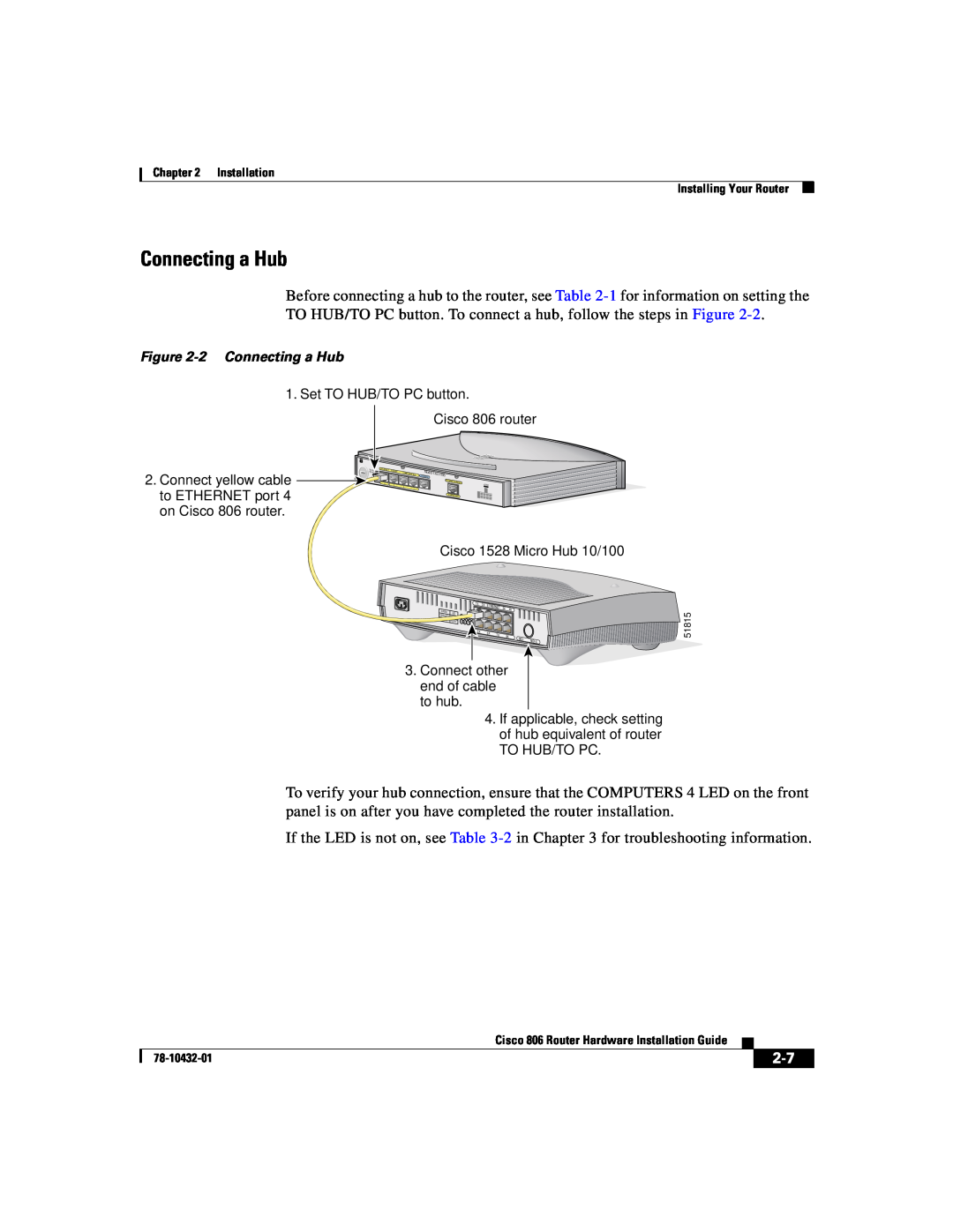 Cisco Systems 806 manual 2 Connecting a Hub 