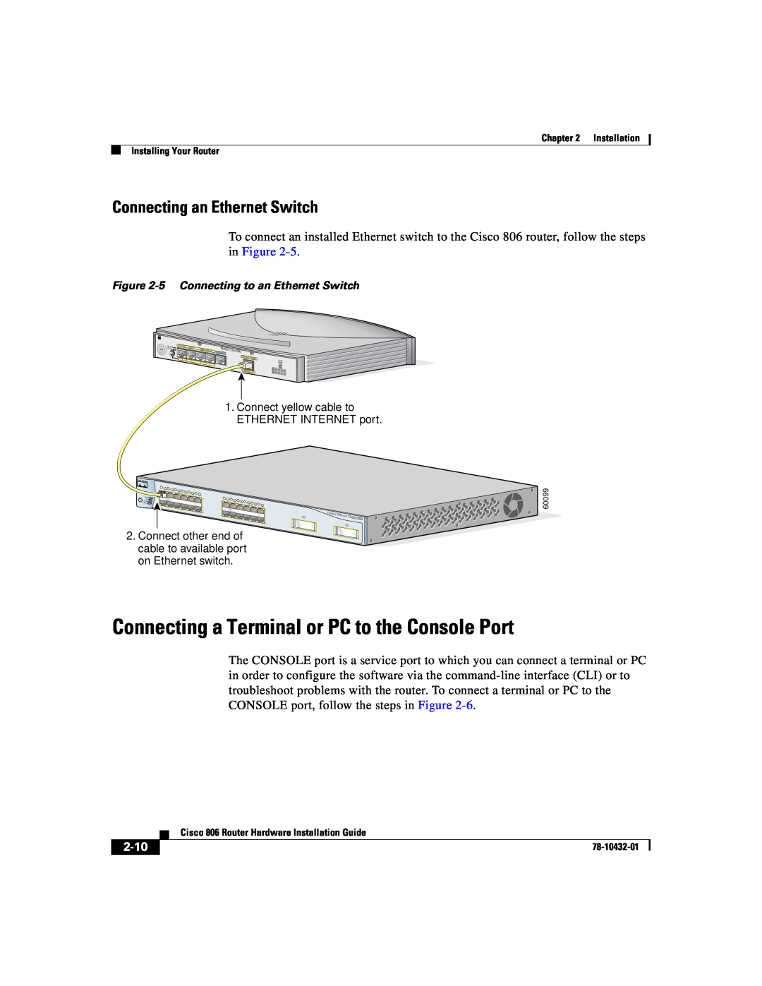Cisco Systems 806 manual Connecting a Terminal or PC to the Console Port, Connecting an Ethernet Switch, 2-10 