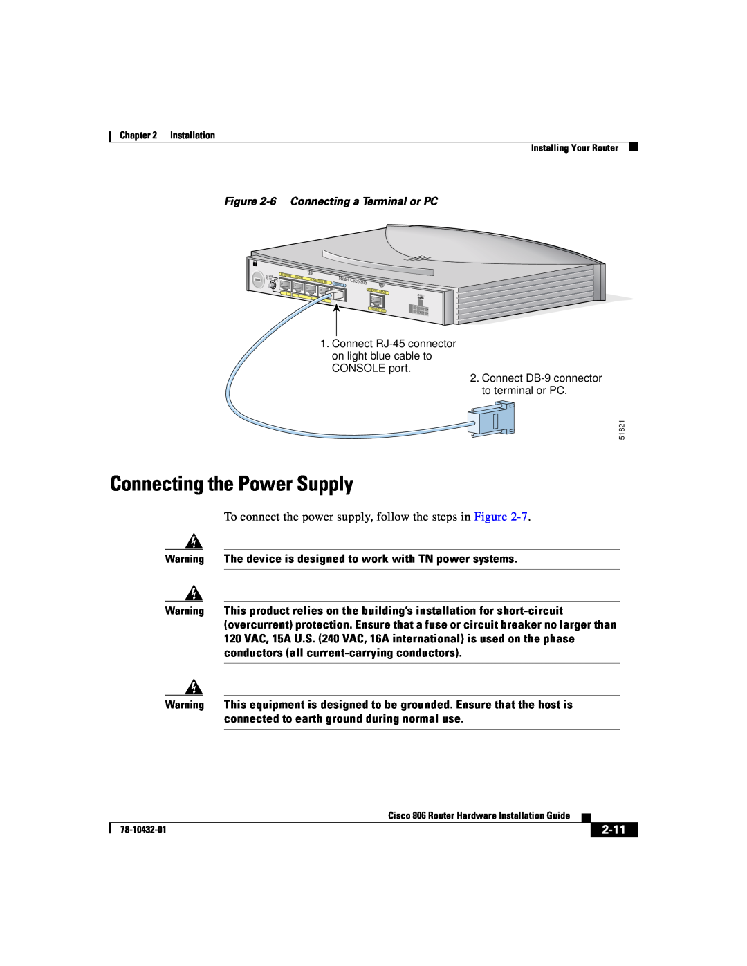 Cisco Systems 806 manual Connecting the Power Supply, 2-11 