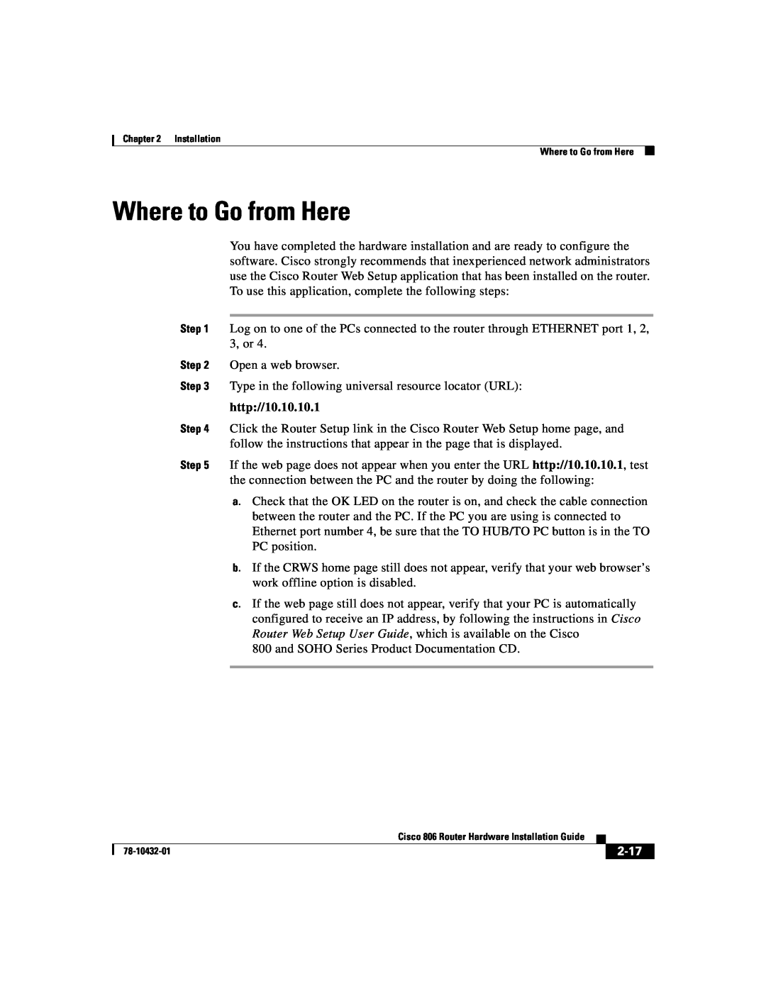 Cisco Systems 806 manual Where to Go from Here, 2-17, http//10.10.10.1 