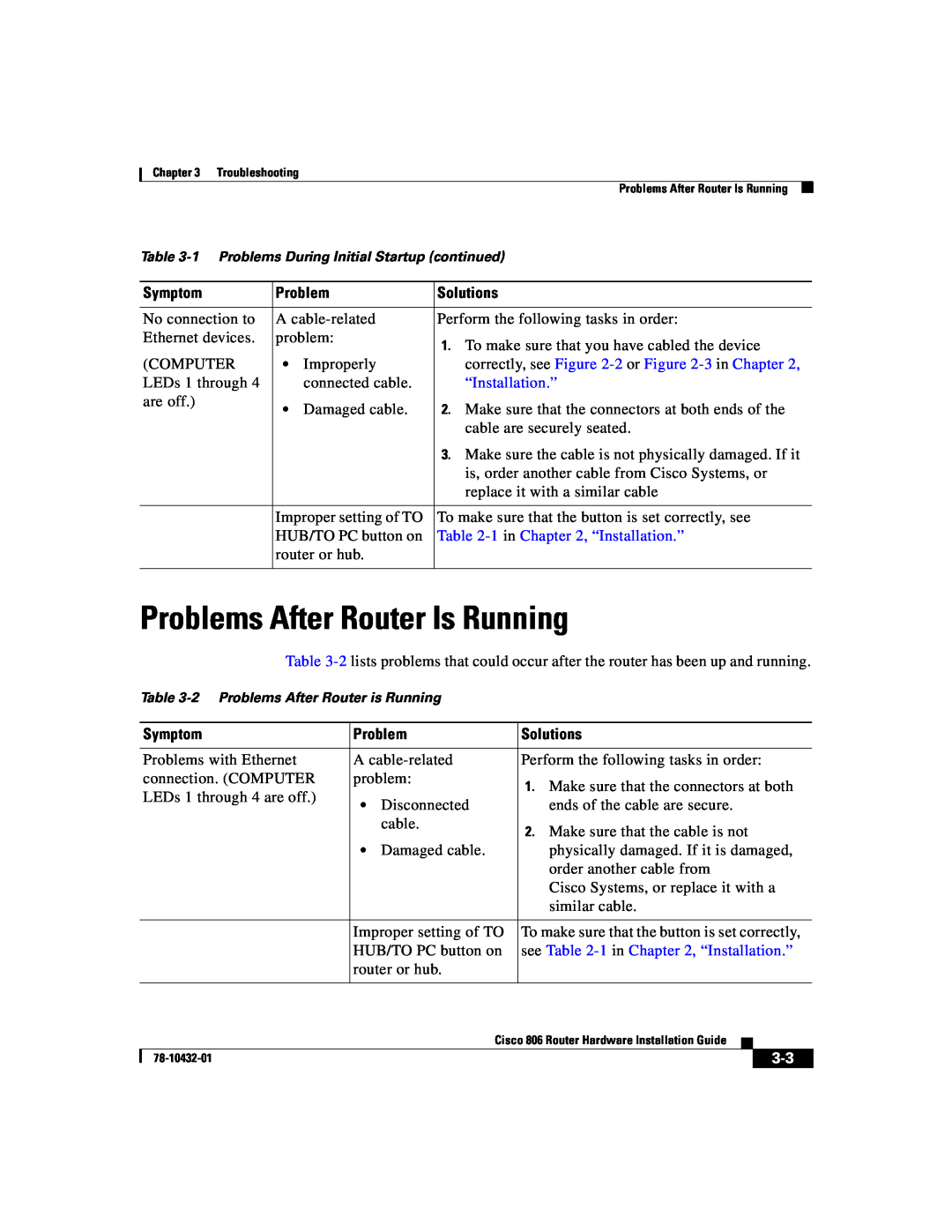 Cisco Systems 806 manual Problems After Router Is Running, correctly, see -2 or -3 in Chapter, 1 in , “Installation.” 