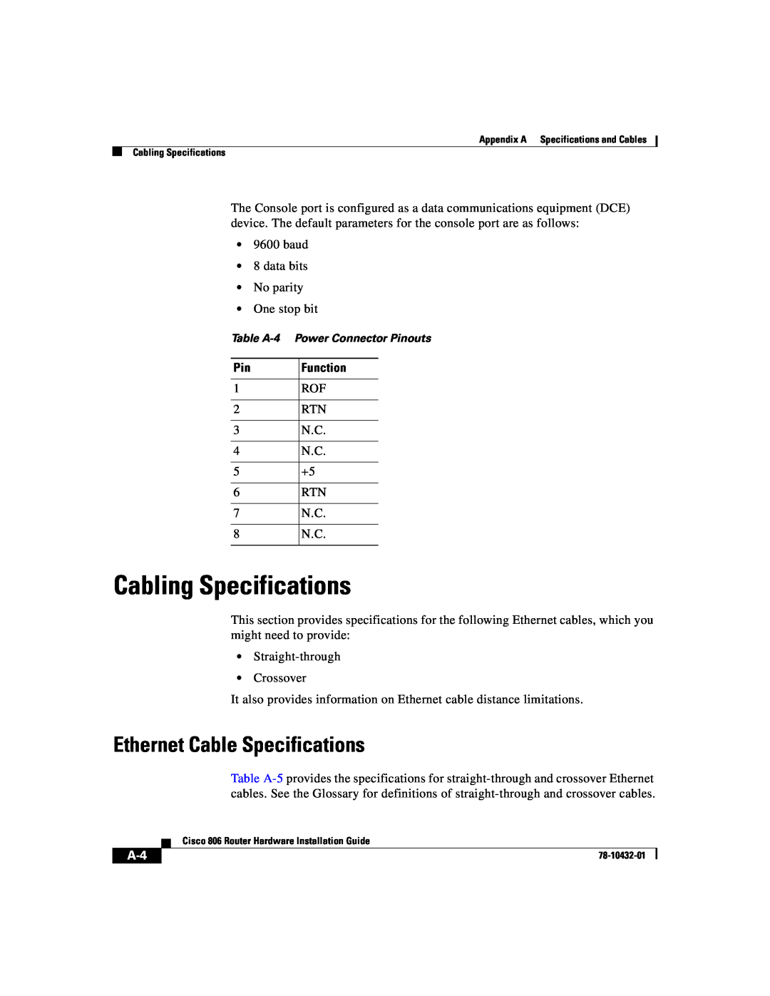 Cisco Systems 806 manual Cabling Specifications, Ethernet Cable Specifications 
