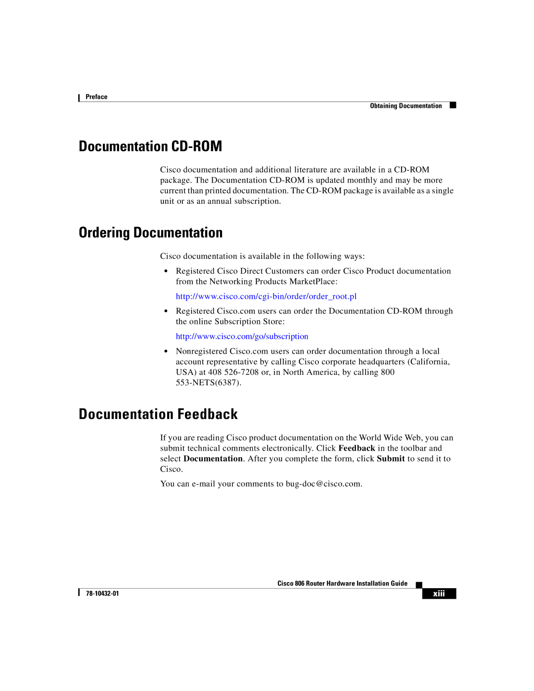 Cisco Systems 806 manual Documentation CD-ROM, Ordering Documentation, Documentation Feedback 