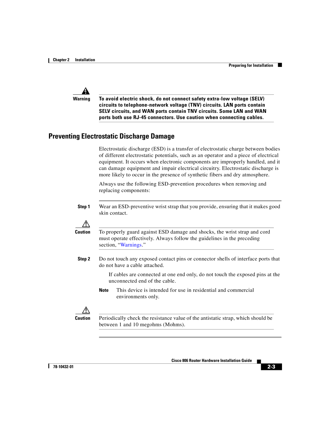 Cisco Systems 806 manual Preventing Electrostatic Discharge Damage 