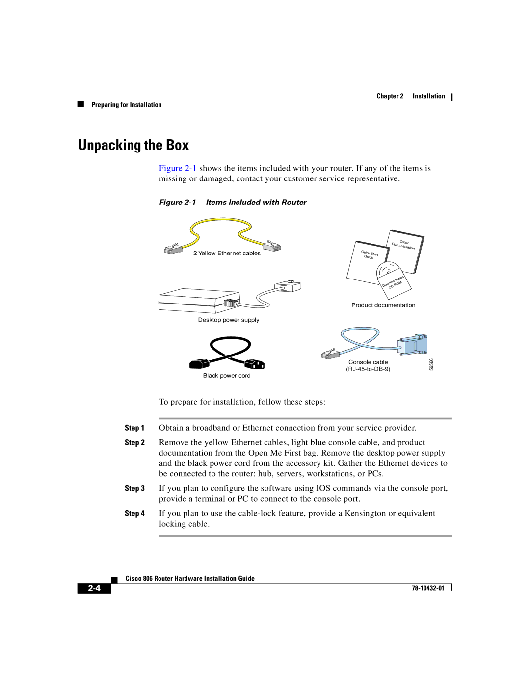 Cisco Systems 806 manual Unpacking the Box, Items Included with Router 