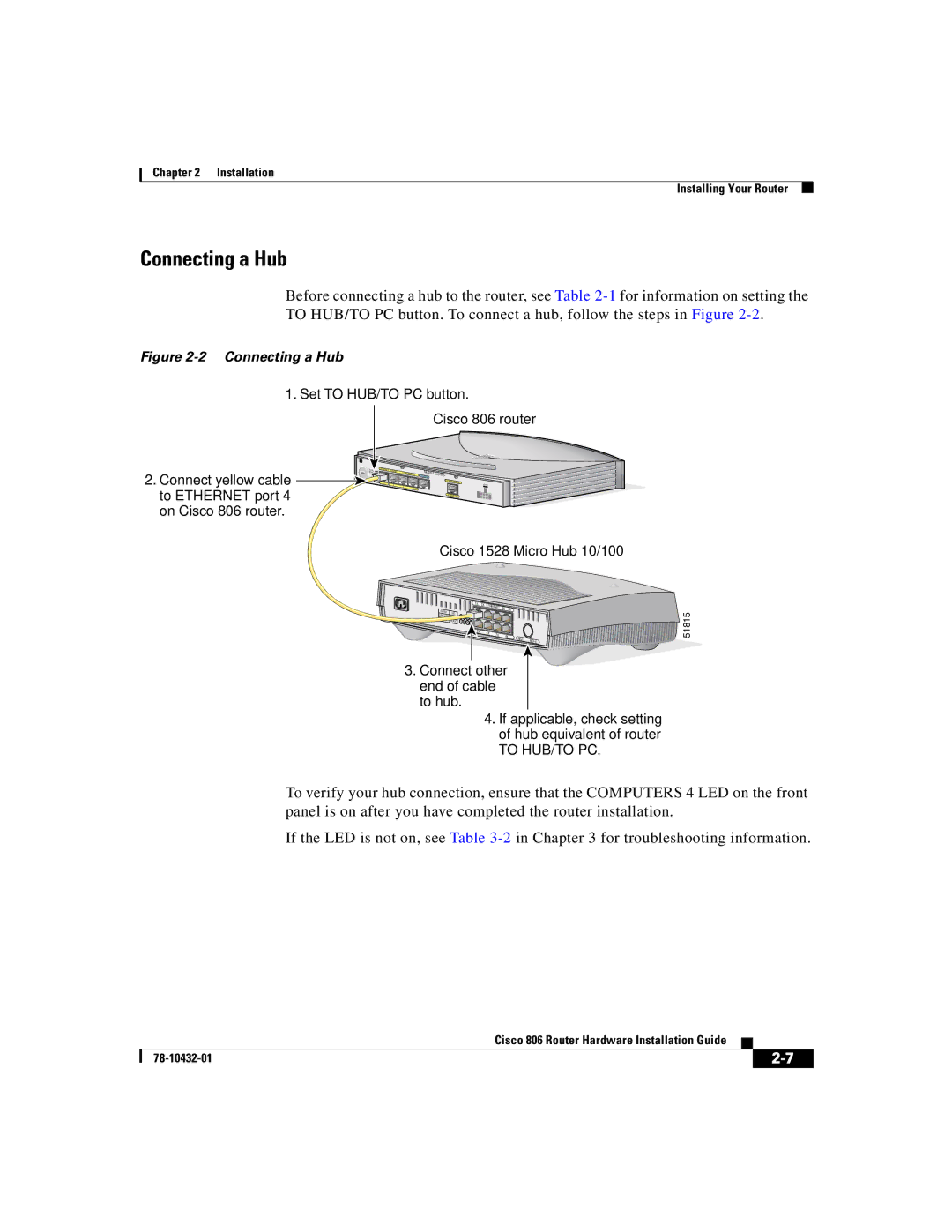 Cisco Systems 806 manual Connecting a Hub 