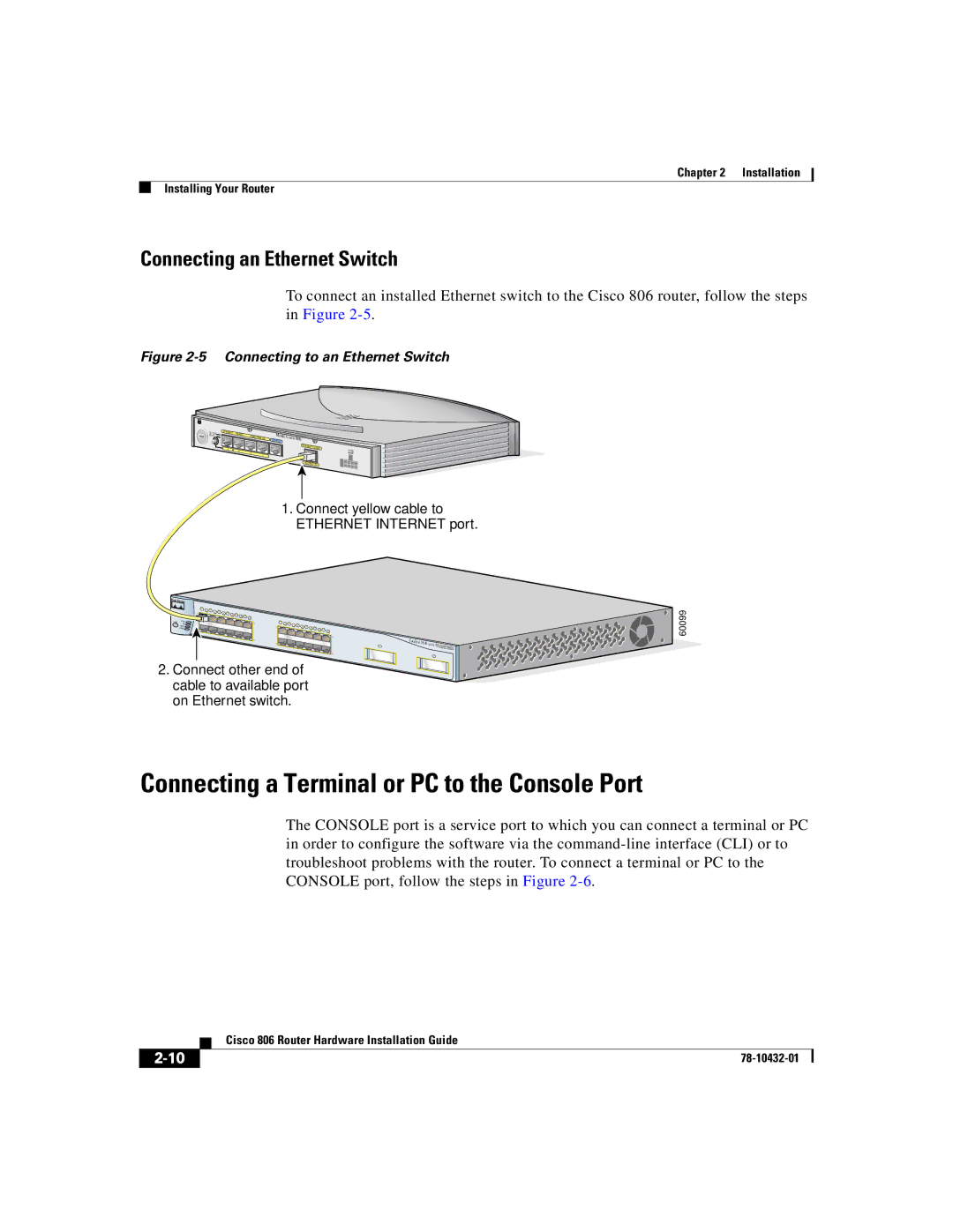 Cisco Systems 806 manual Connecting a Terminal or PC to the Console Port, Connecting an Ethernet Switch 