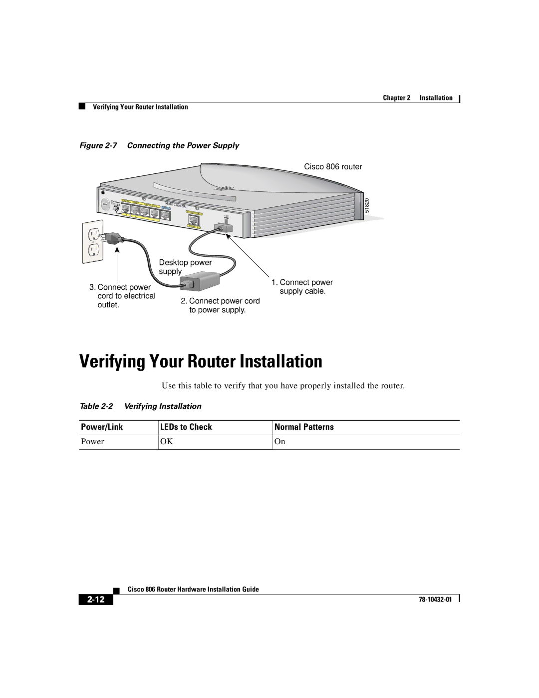 Cisco Systems 806 manual Verifying Your Router Installation, Power/Link LEDs to Check Normal Patterns 