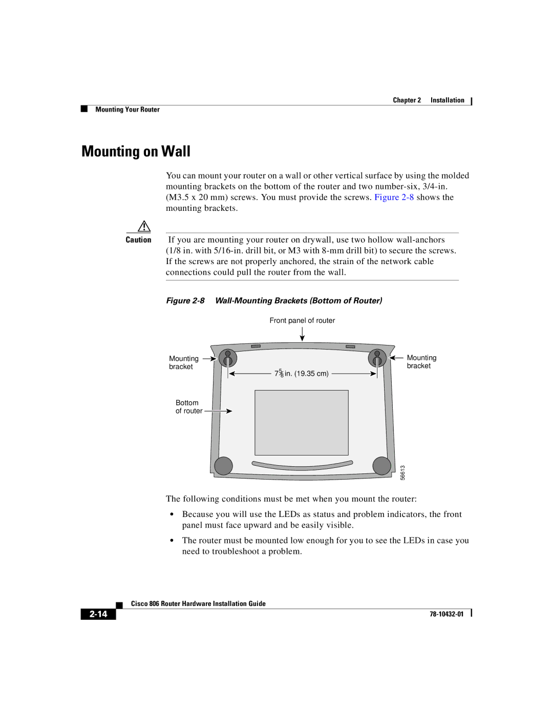 Cisco Systems 806 manual Mounting on Wall, Wall-Mounting Brackets Bottom of Router 