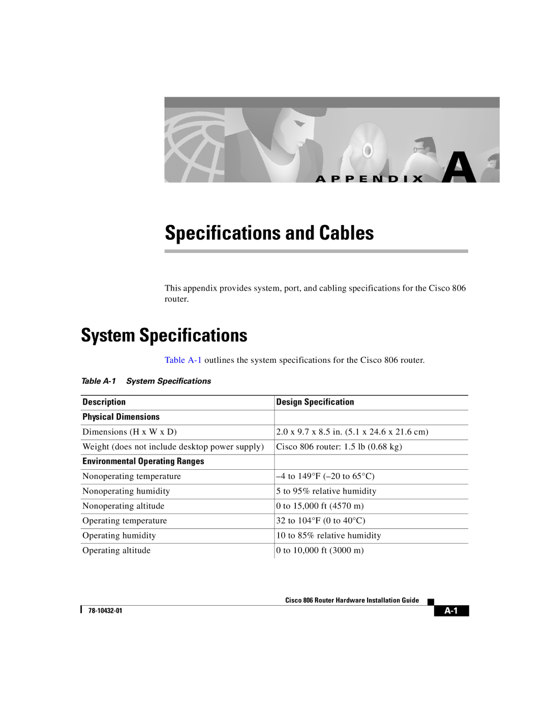 Cisco Systems 806 manual System Specifications, Description Design Specification Physical Dimensions 