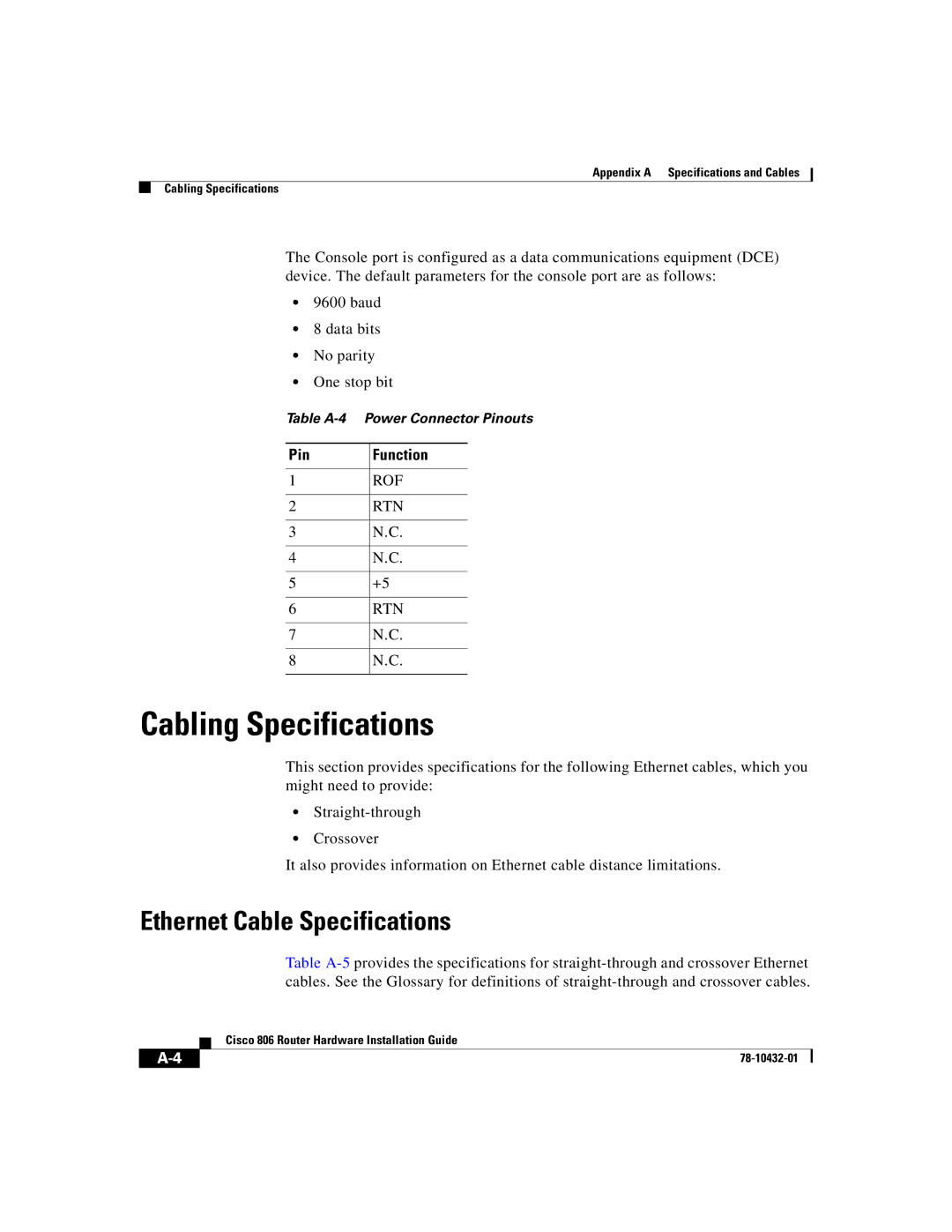 Cisco Systems 806 manual Cabling Specifications, Ethernet Cable Specifications 