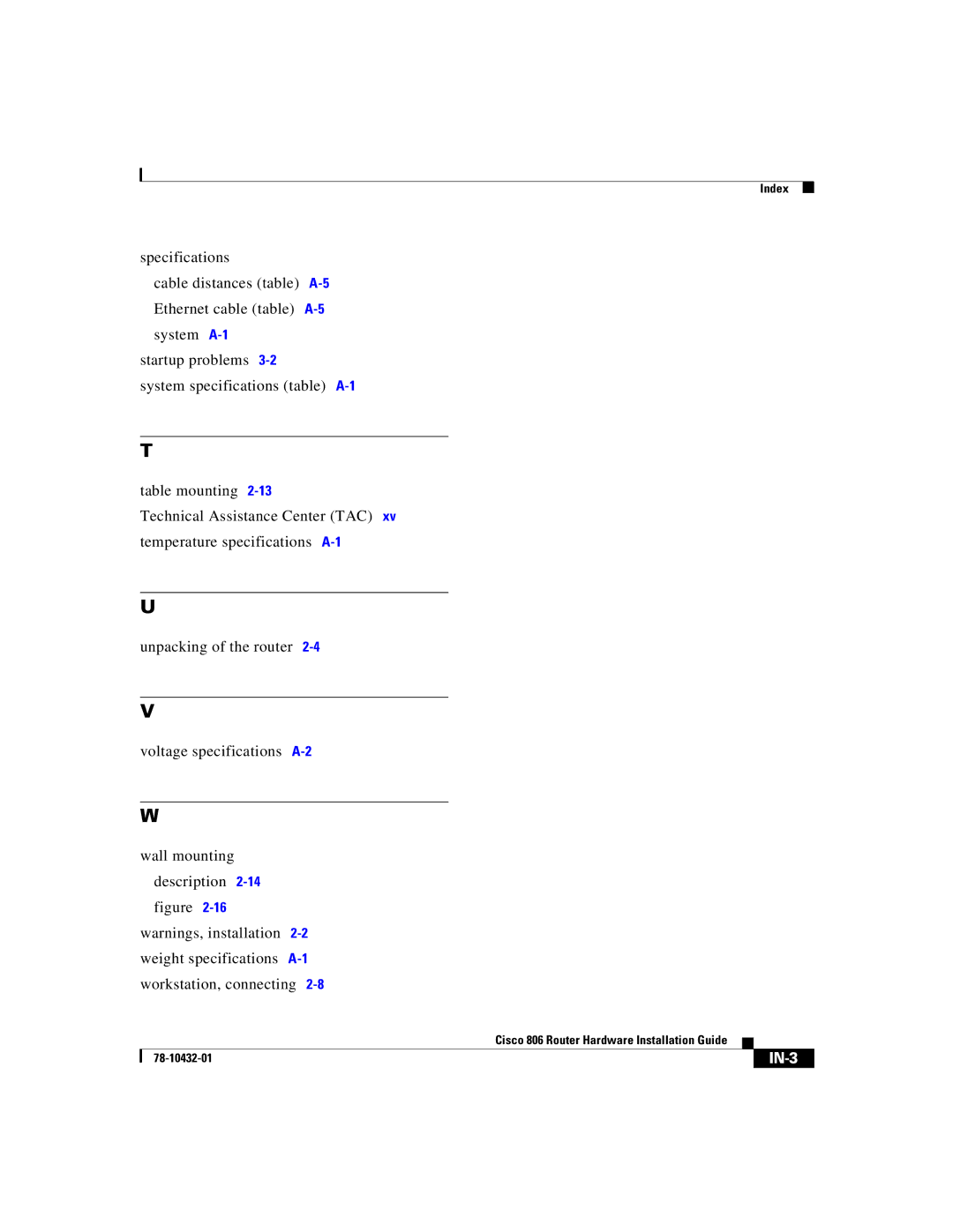 Cisco Systems 806 manual IN-3 