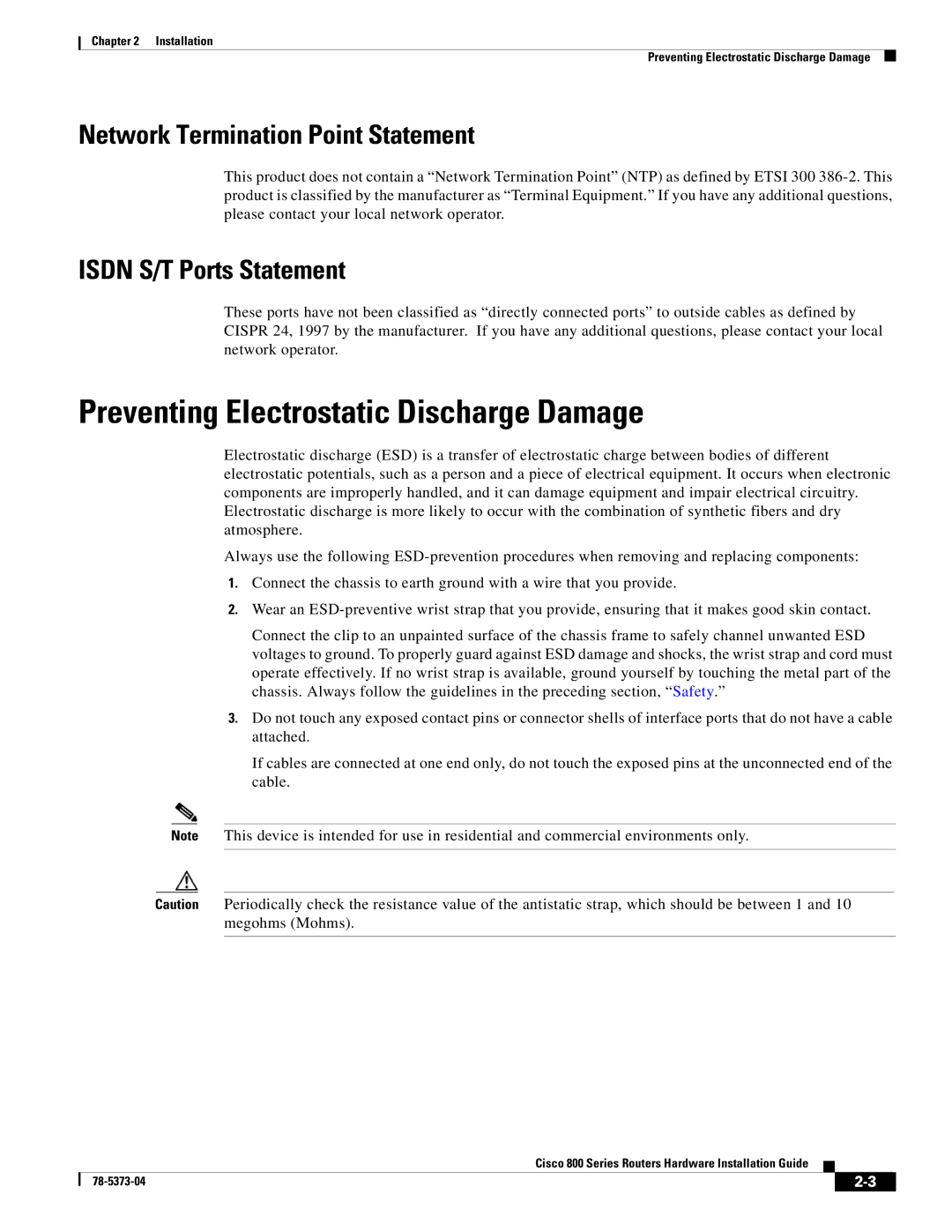 Cisco Systems 80O SERIES manual Preventing Electrostatic Discharge Damage, Network Termination Point Statement 