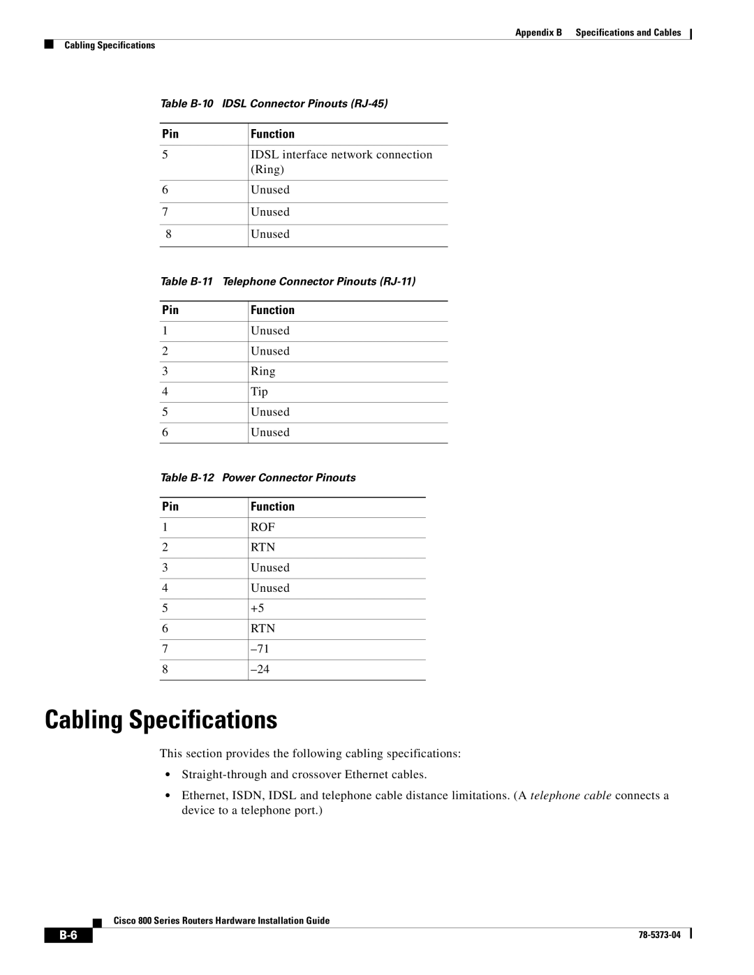 Cisco Systems 80O SERIES manual Cabling Specifications, Rof Rtn 