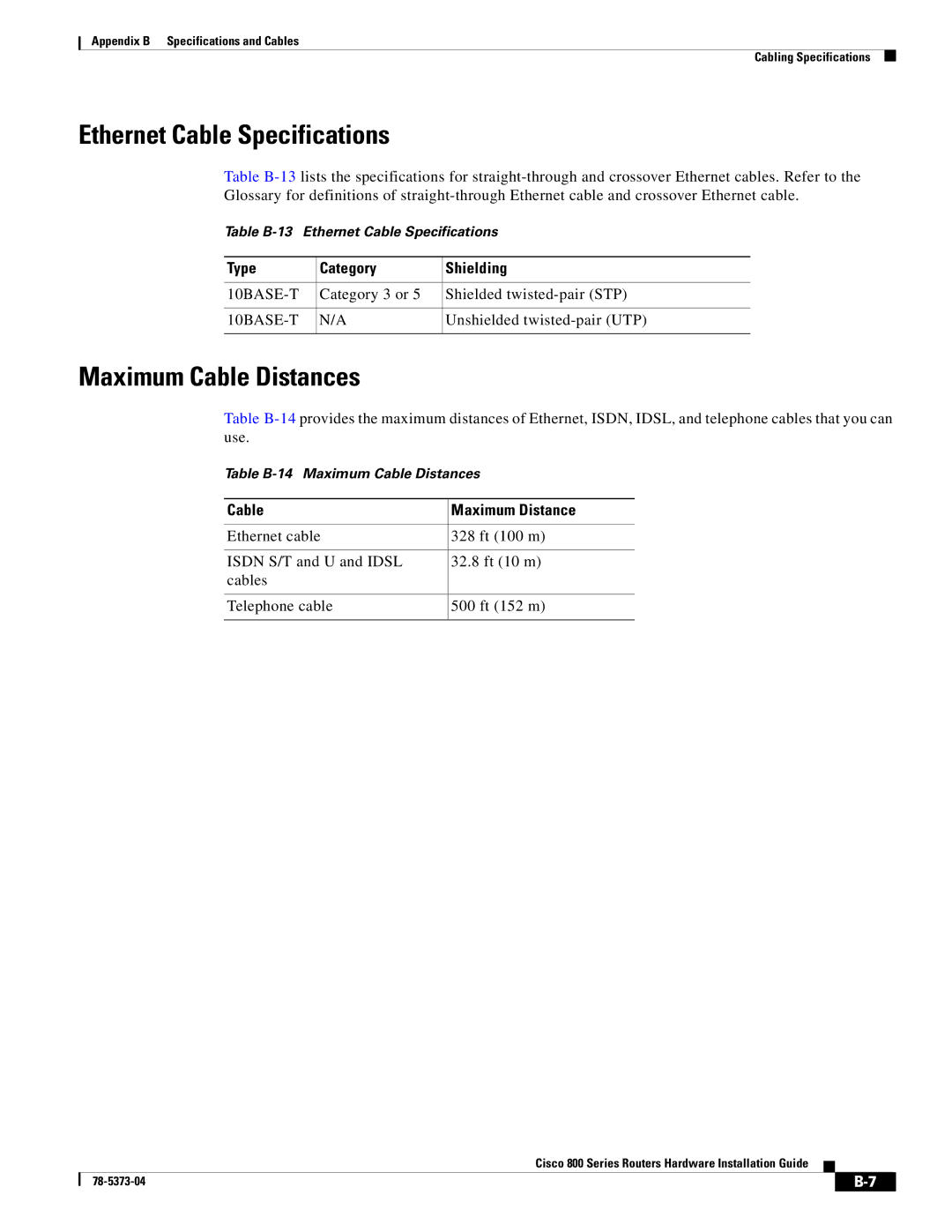 Cisco Systems 80O SERIES manual Ethernet Cable Specifications, Maximum Cable Distances, Type Category Shielding, 10BASE-T 