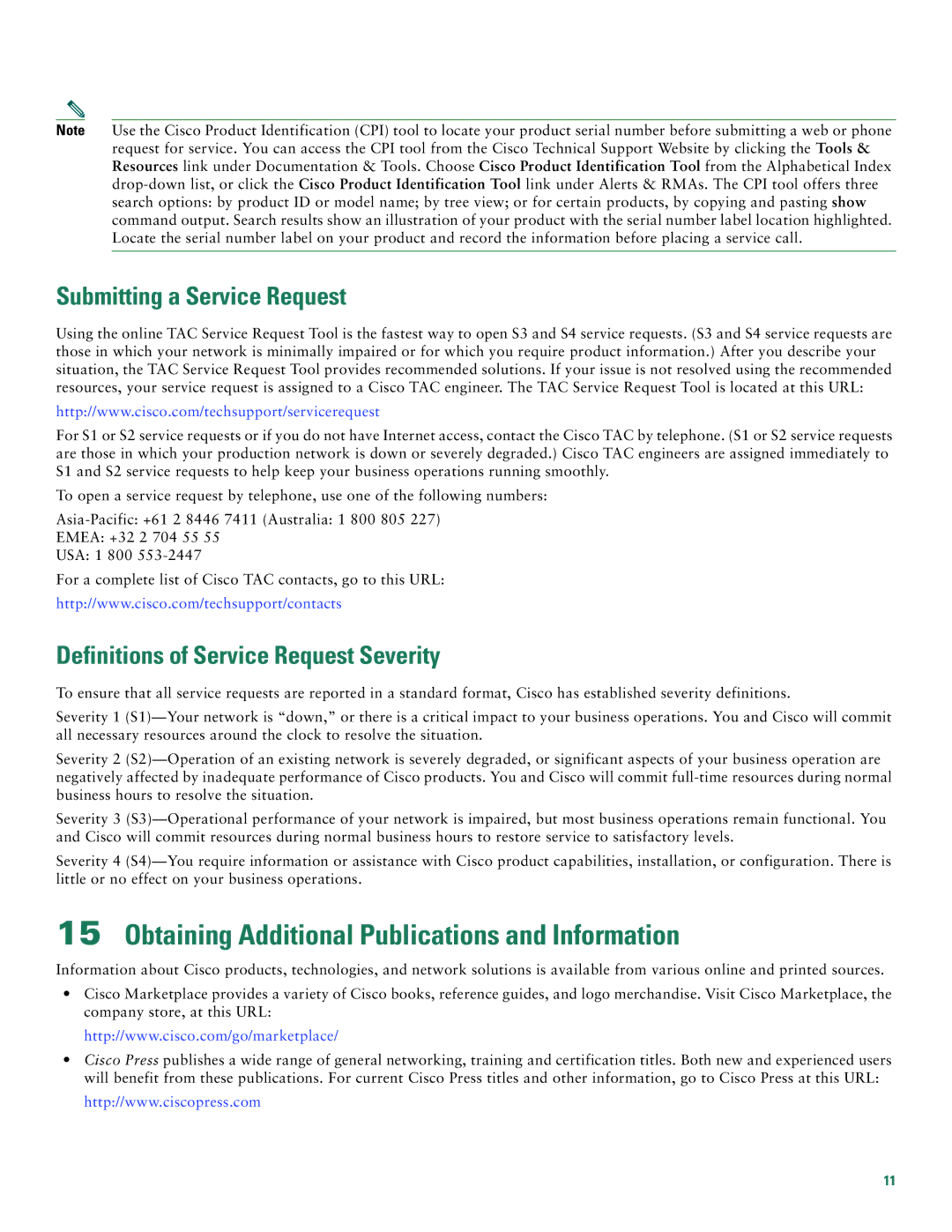 Cisco Systems 813, 811 quick start Obtaining Additional Publications and Information, Submitting a Service Request 