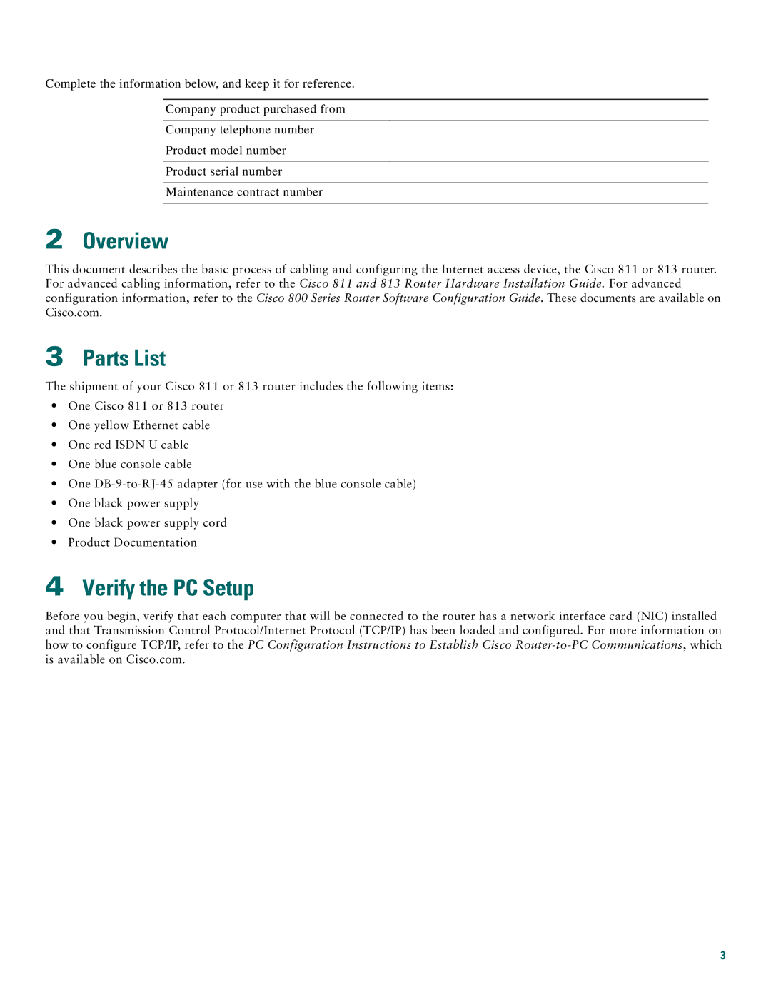 Cisco Systems 813, 811 quick start Overview, Parts List, Verify the PC Setup 