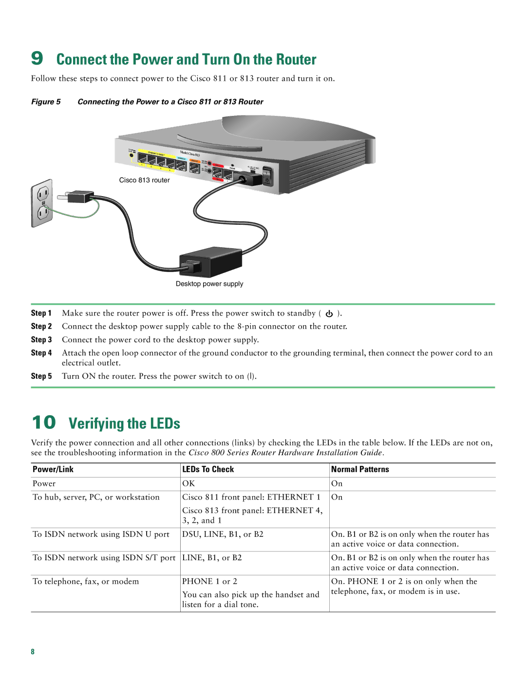 Cisco Systems 811, 813 quick start Connect the Power and Turn On the Router, Verifying the LEDs 