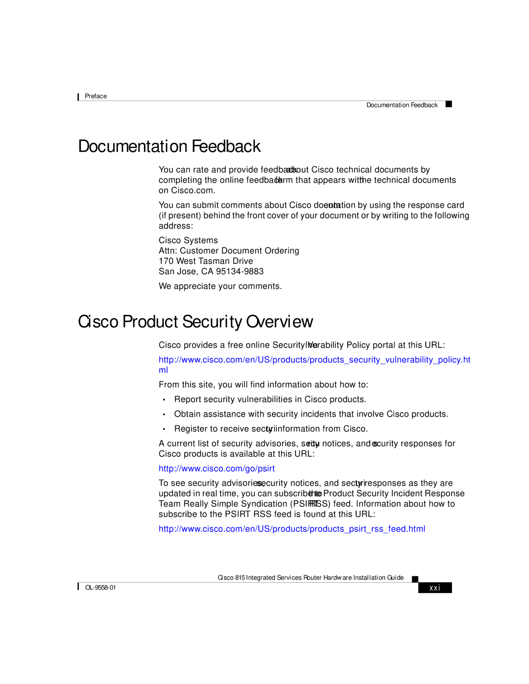 Cisco Systems 815 manual Documentation Feedback, Cisco Product Security Overview, Xxi 