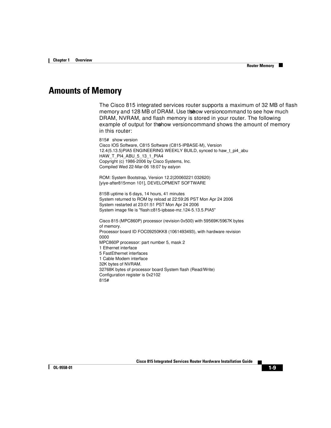 Cisco Systems manual Amounts of Memory, 815# show version 