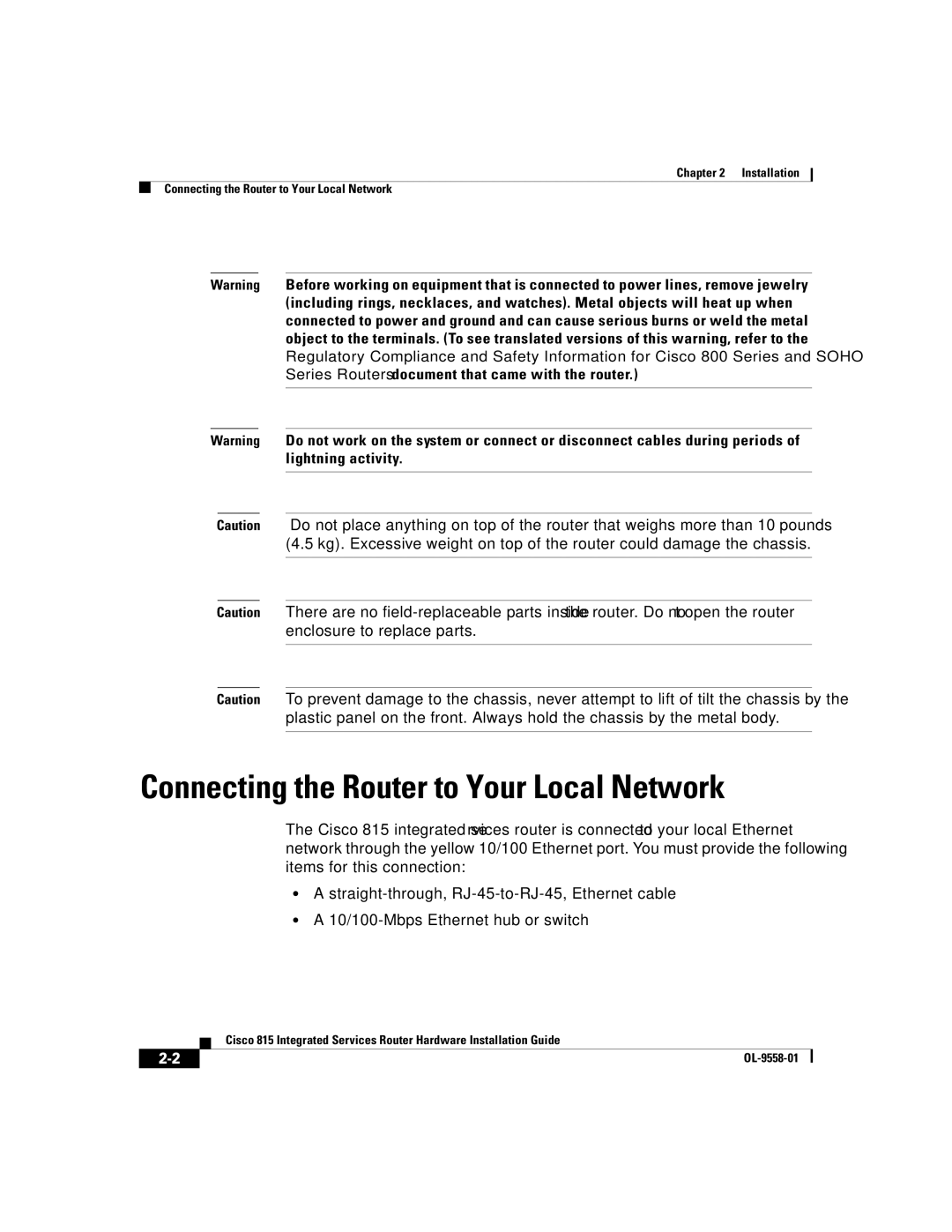 Cisco Systems 815 manual Connecting the Router to Your Local Network 