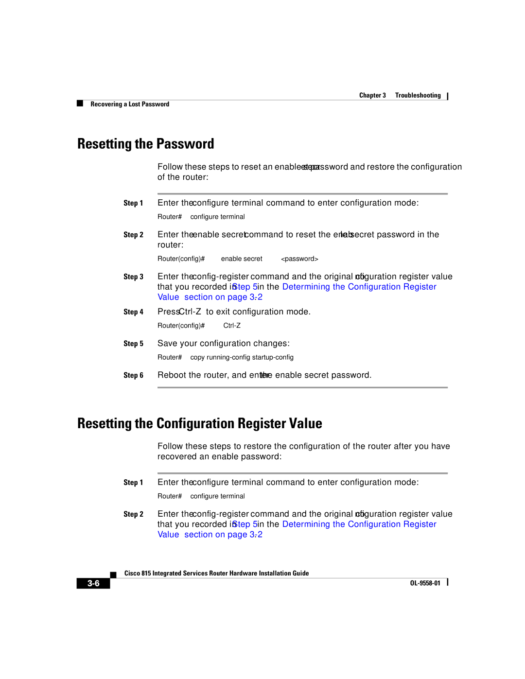 Cisco Systems 815 manual Resetting the Password, Resetting the Configuration Register Value 