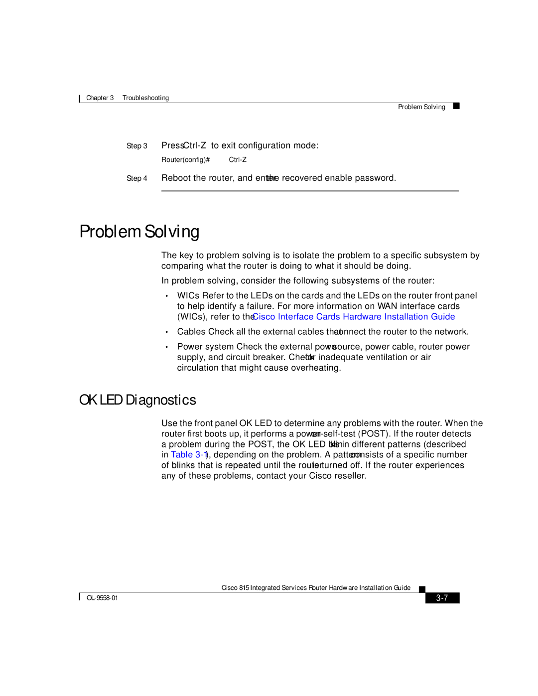 Cisco Systems 815 manual Problem Solving, OK LED Diagnostics 