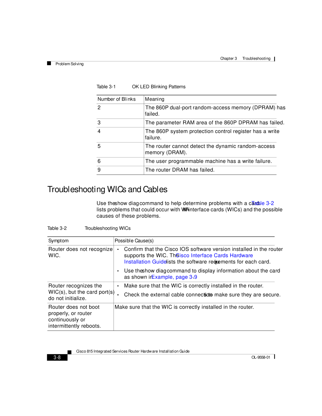 Cisco Systems 815 manual Troubleshooting WICs and Cables, Number of Blinks Meaning 