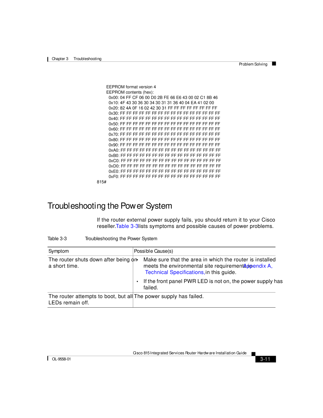 Cisco Systems 815 manual Troubleshooting the Power System 