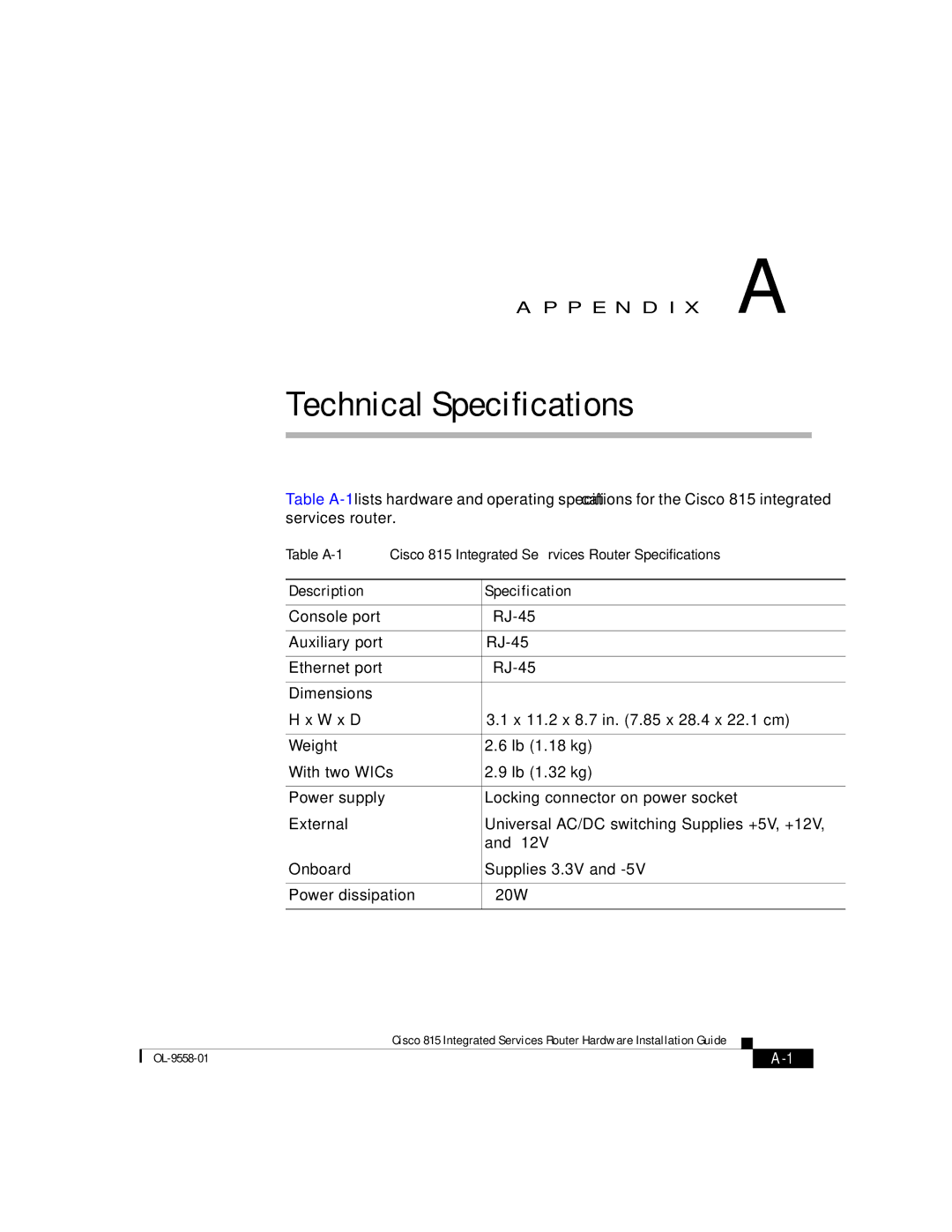 Cisco Systems 815 manual Technical Specifications 