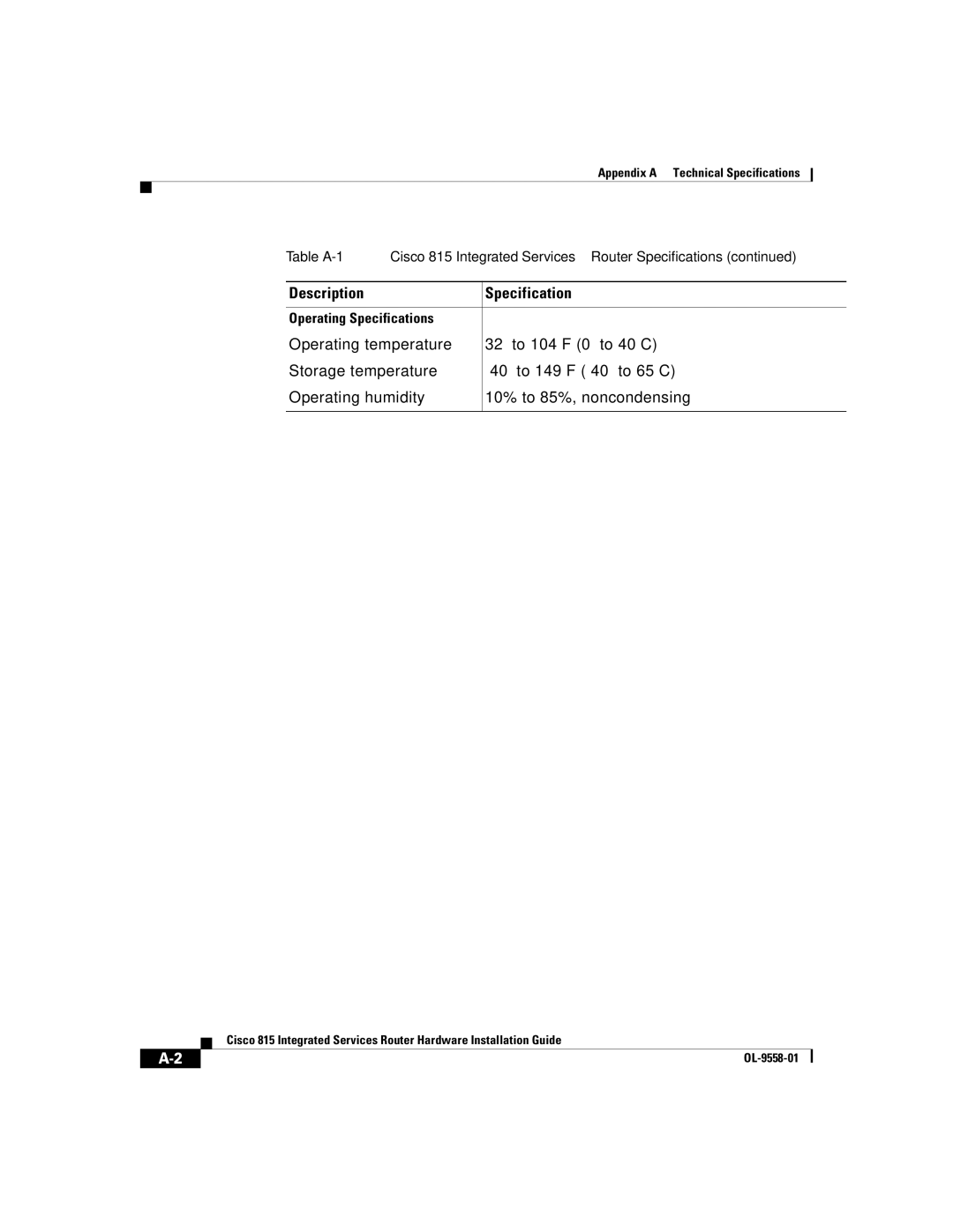 Cisco Systems 815 manual Operating Specifications 