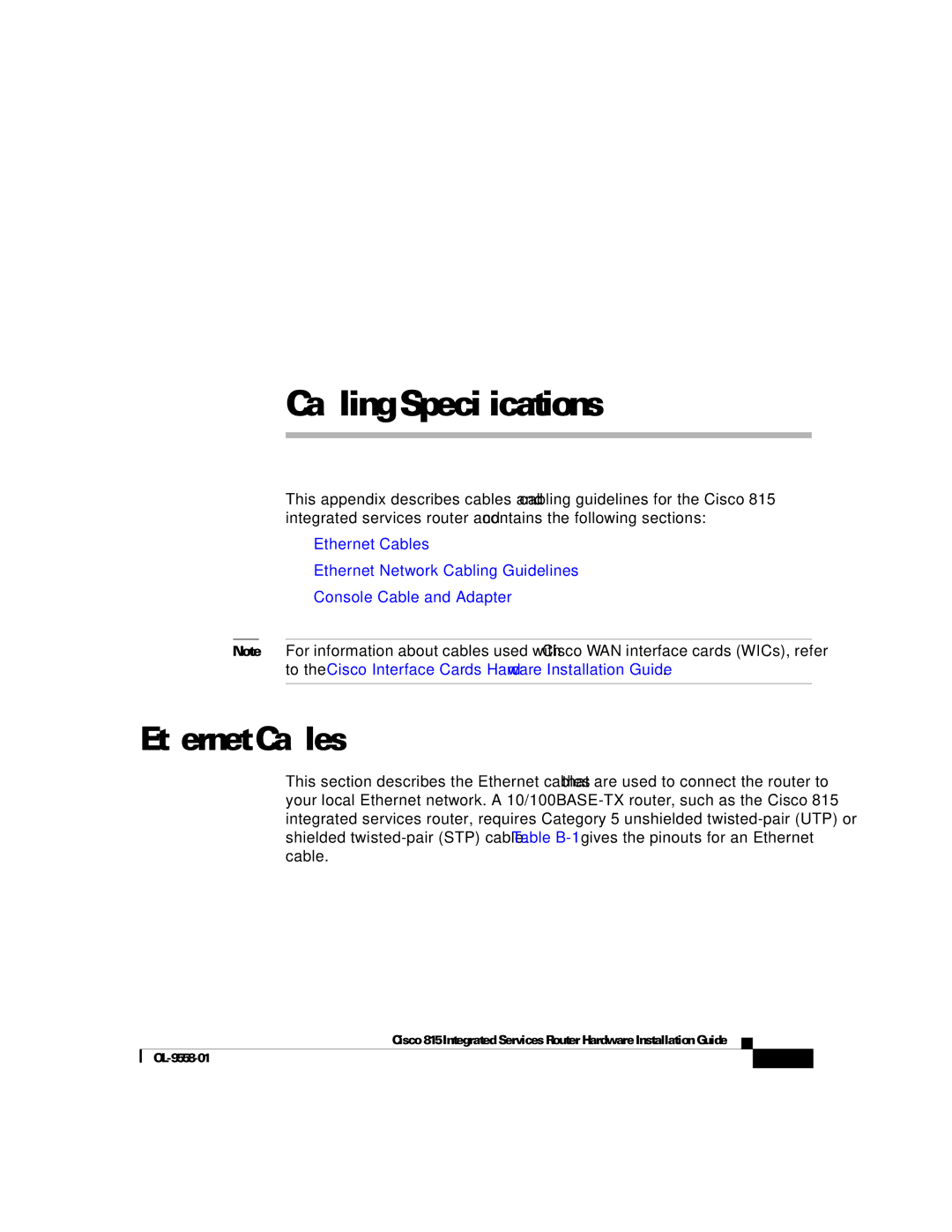 Cisco Systems 815 manual Cabling Specifications, Ethernet Cables 