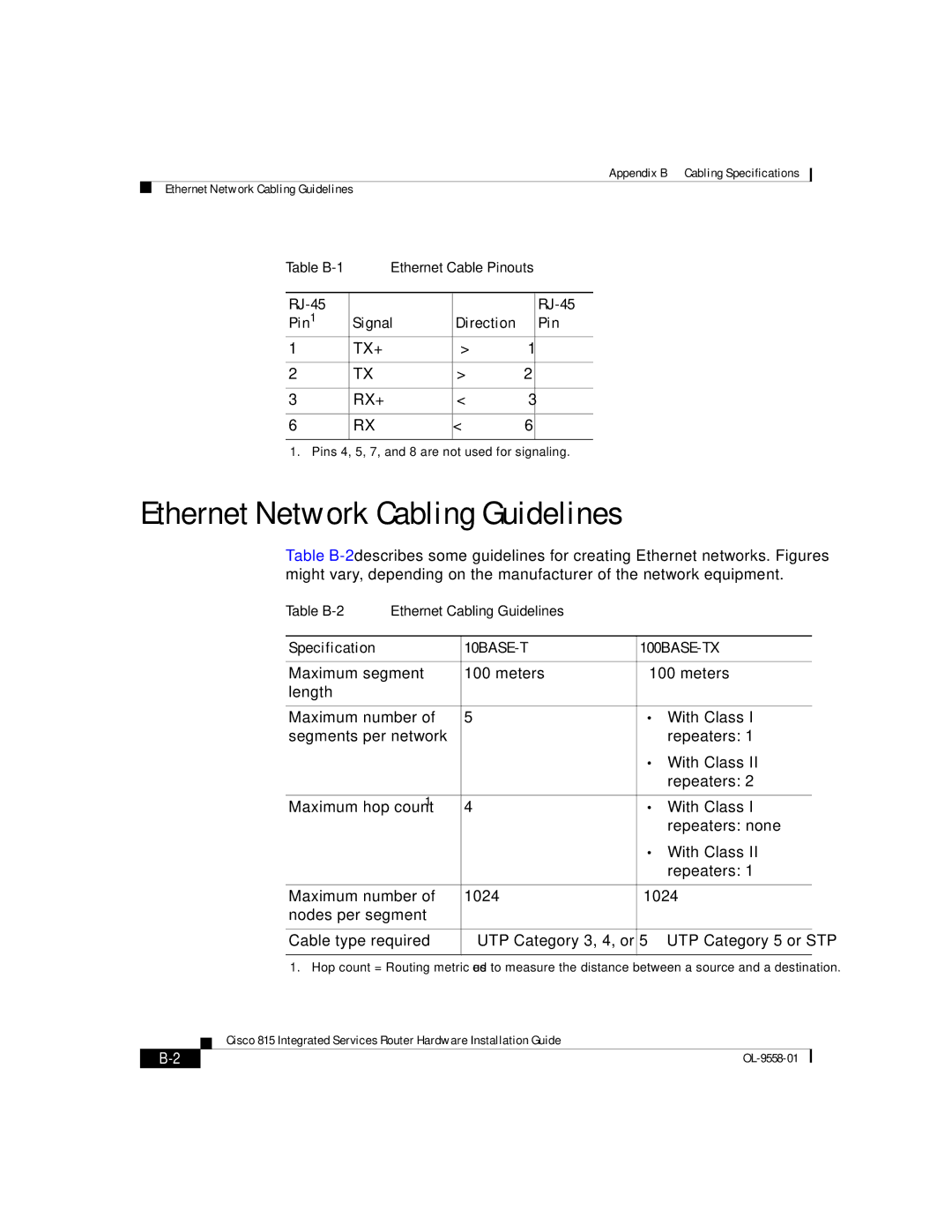 Cisco Systems 815 manual Ethernet Network Cabling Guidelines, 10BASE-T 100BASE-TX 