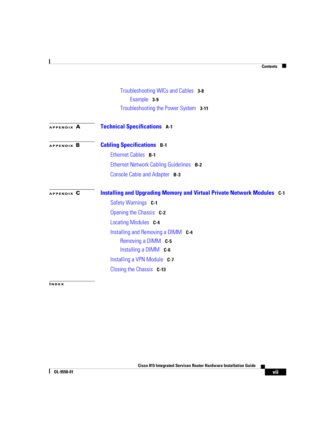 Cisco Systems 815 manual Installing and Removing a Dimm C-4, Vii 