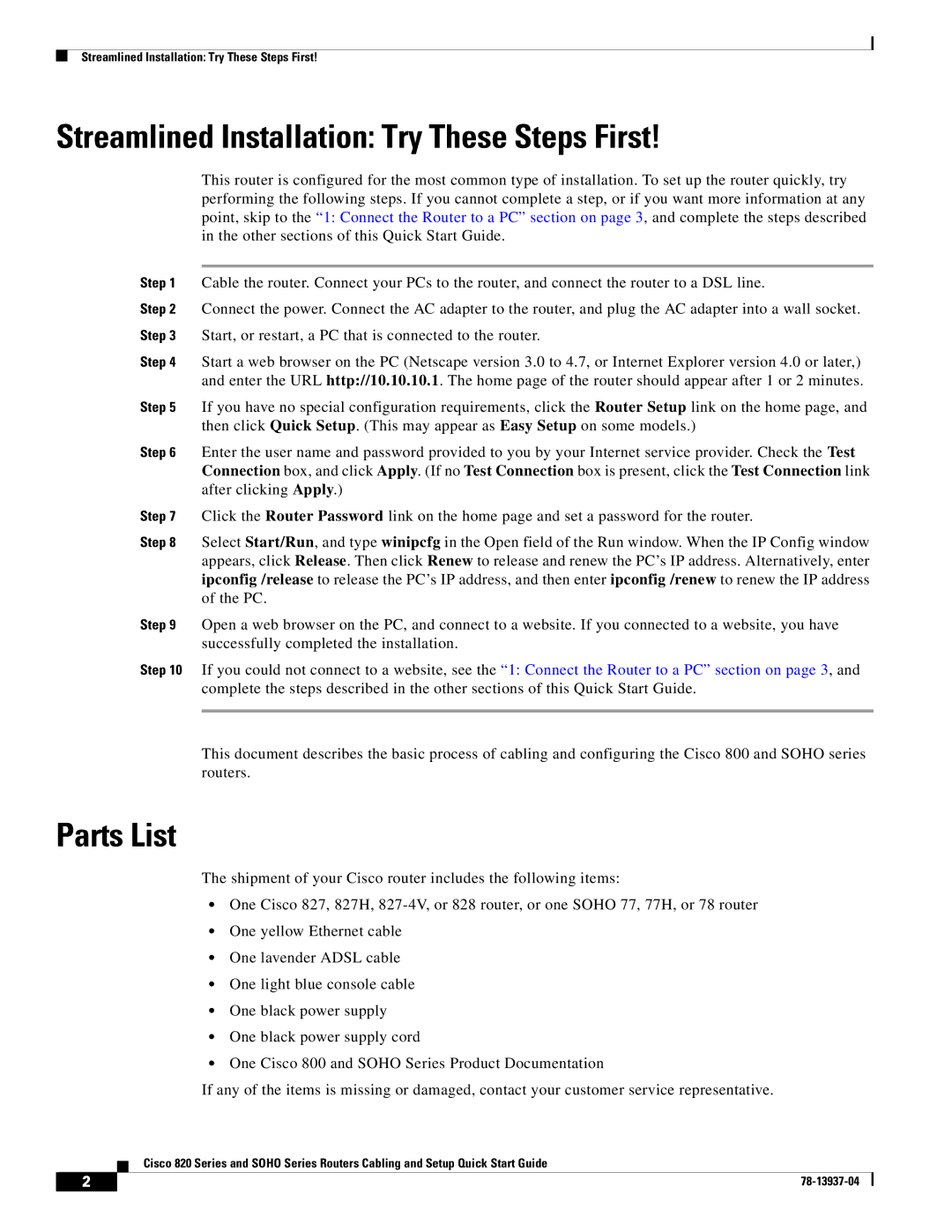 Cisco Systems 820 Series quick start Streamlined Installation Try These Steps First, Parts List 