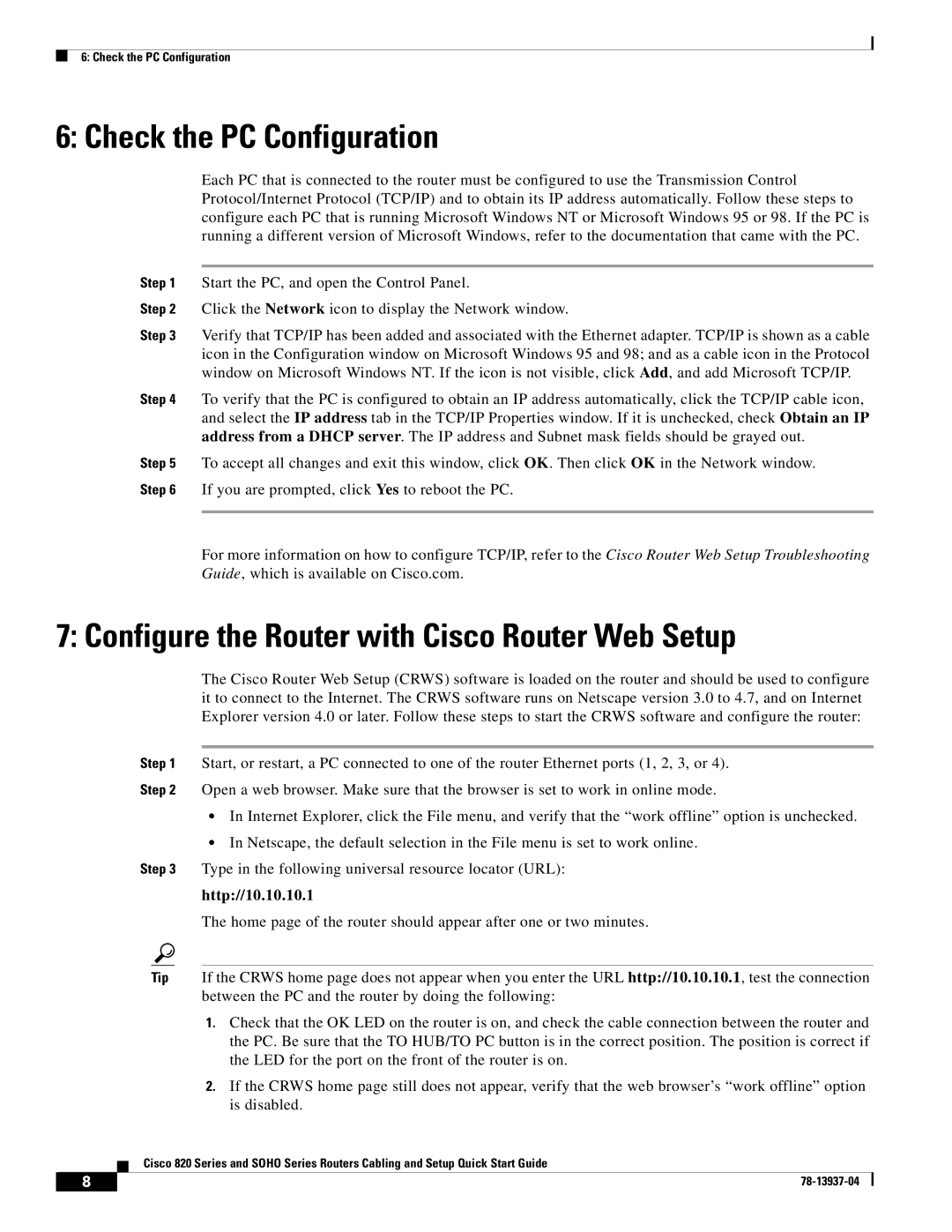 Cisco Systems 820 Series quick start Check the PC Configuration, Configure the Router with Cisco Router Web Setup 