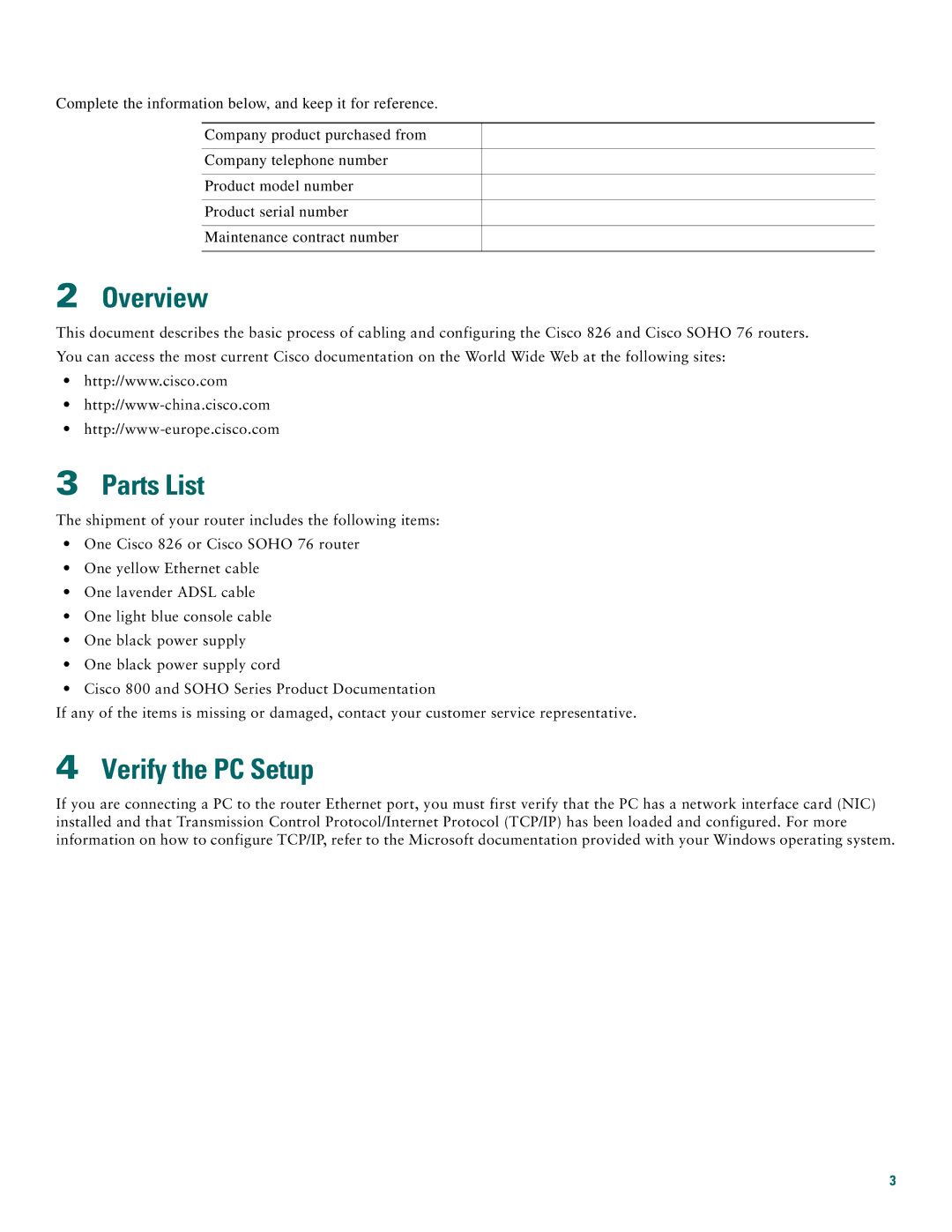 Cisco Systems SOHO 76, 826 quick start Overview, Parts List, Verify the PC Setup 