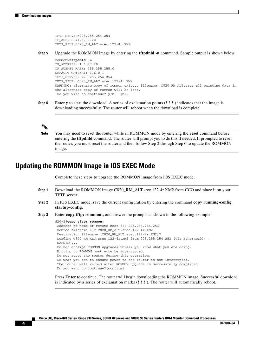 Cisco Systems 830 Series, 806 Series, SOHO 70 Series manual Updating the ROMMON Image in IOS EXEC Mode, startup-config 