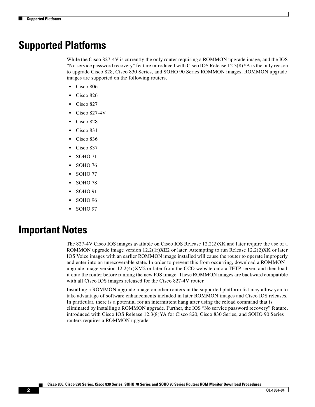 Cisco Systems SOHO 70 Series, 830 Series, 806 Series, SOHO 90 Series manual Supported Platforms, Important Notes 