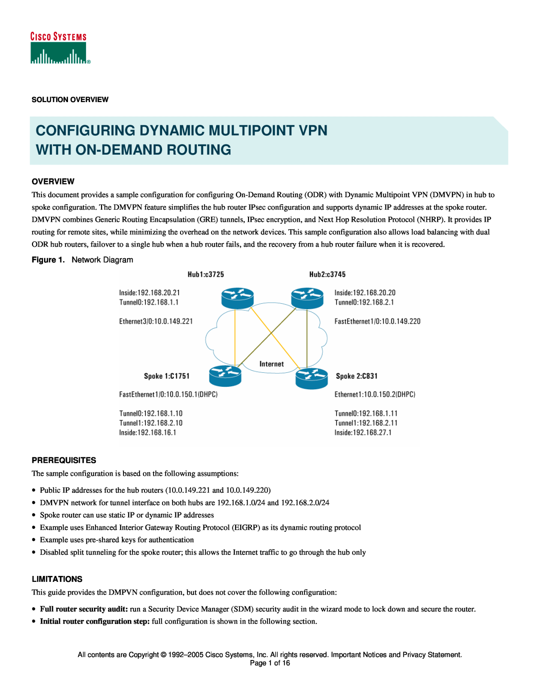 Cisco Systems 3725 manual Overview, Prerequisites, Limitations, Configuring Dynamic Multipoint Vpn With On-Demand Routing 