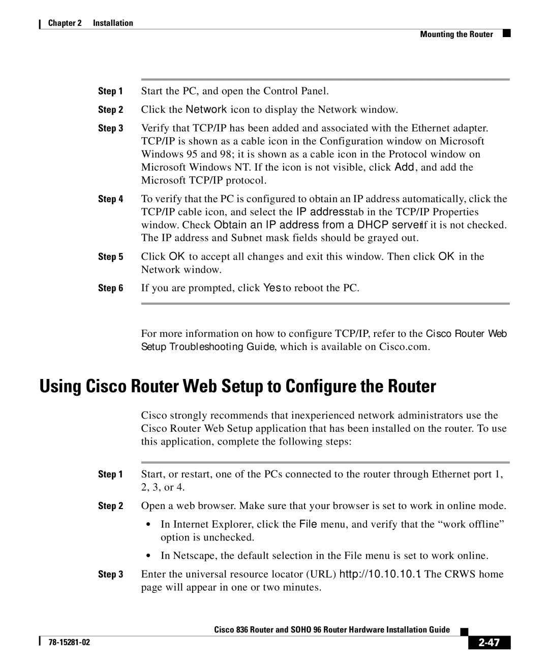 Cisco Systems SOHO96, 836 manual Using Cisco Router Web Setup to Configure the Router 